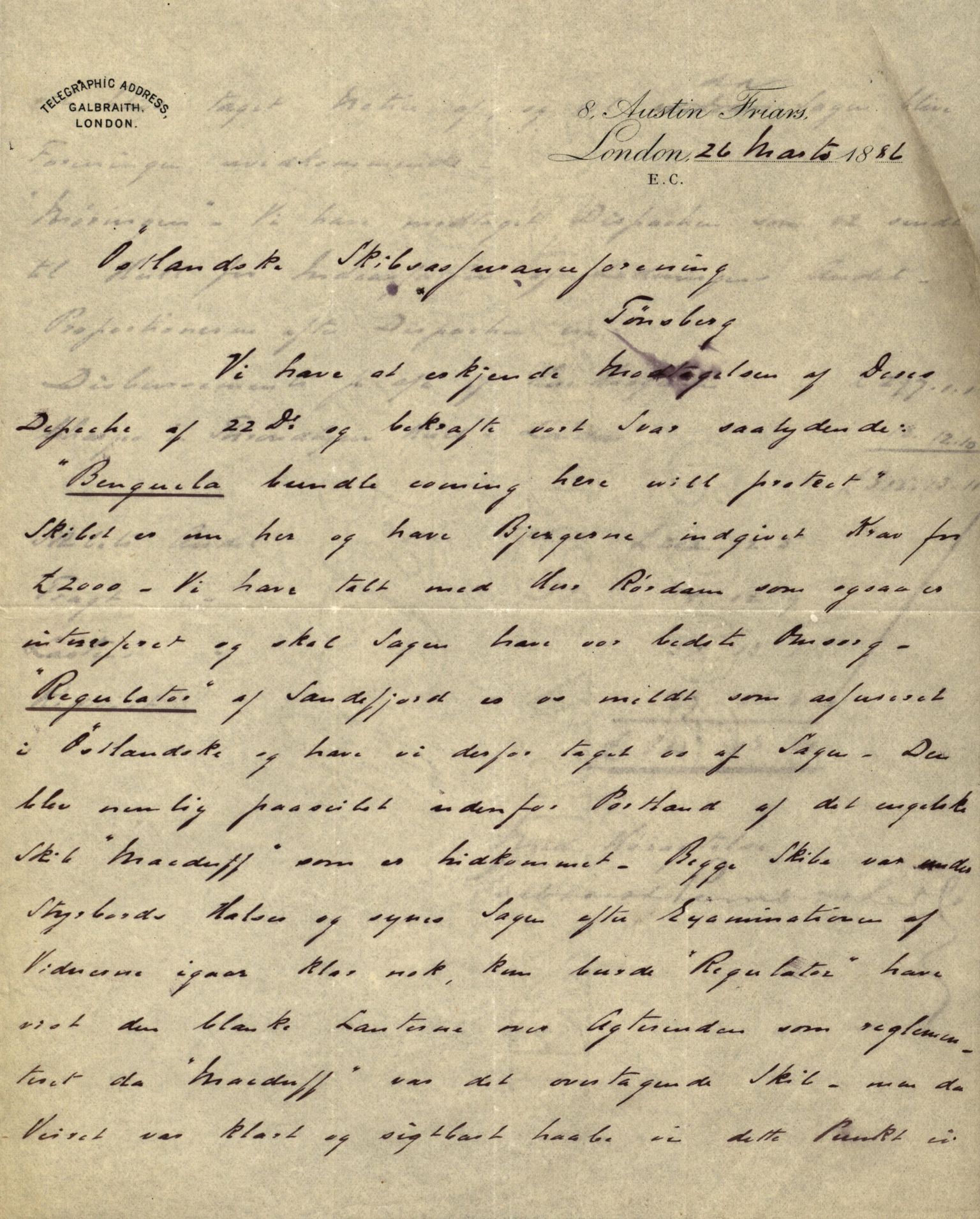 Pa 63 - Østlandske skibsassuranceforening, VEMU/A-1079/G/Ga/L0019/0001: Havaridokumenter / Telanak, Telefon, Ternen, Sir John Lawrence, Benguela, 1886, p. 57