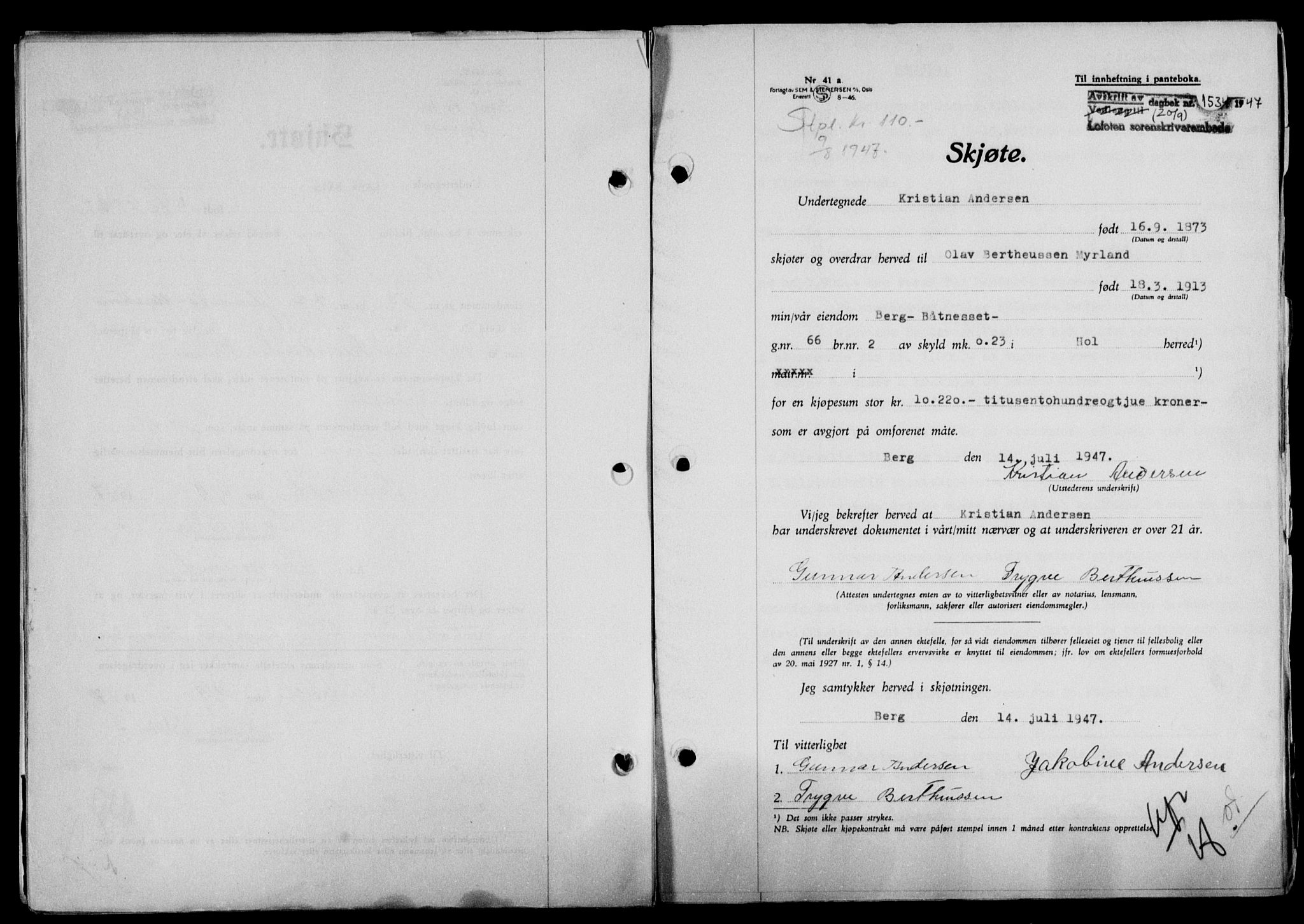 Lofoten sorenskriveri, SAT/A-0017/1/2/2C/L0016a: Mortgage book no. 16a, 1947-1947, Diary no: : 1534/1947