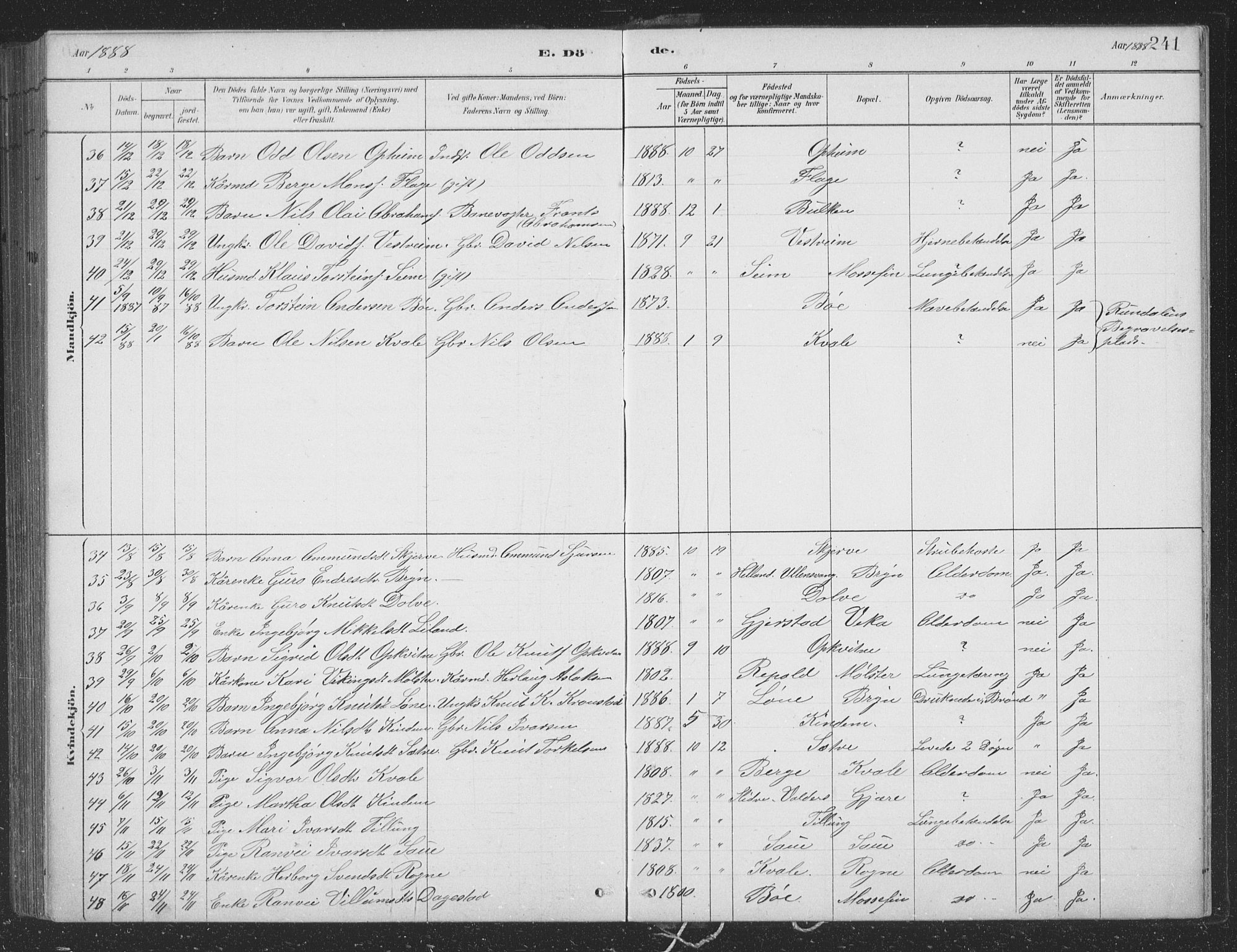 Voss sokneprestembete, SAB/A-79001/H/Hab: Parish register (copy) no. B 3, 1879-1894, p. 241