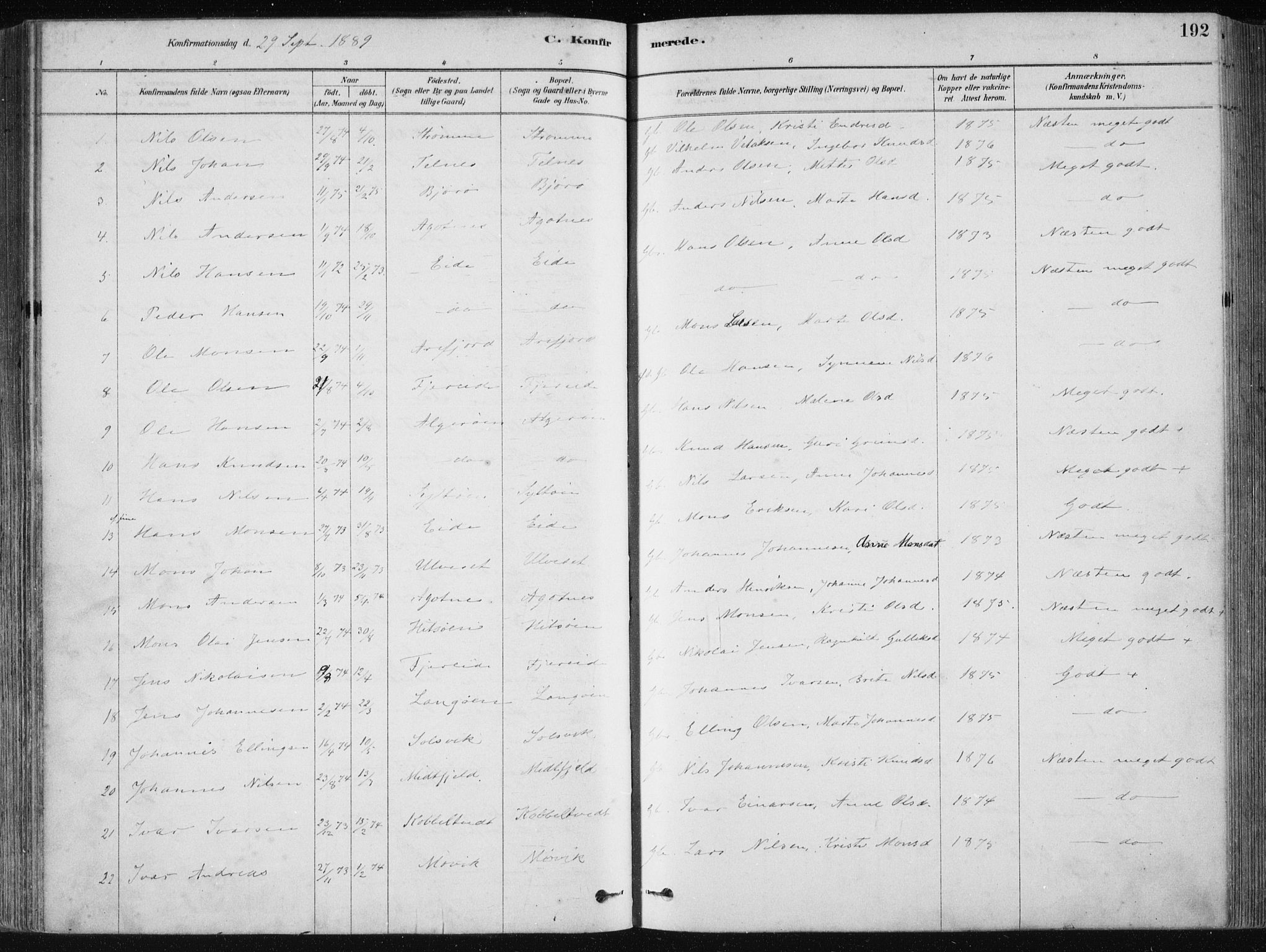 Fjell sokneprestembete, SAB/A-75301/H/Haa: Parish register (official) no. A  8, 1878-1898, p. 192