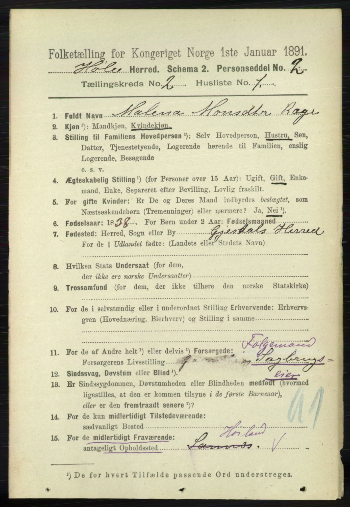 RA, 1891 census for 1128 Høle, 1891, p. 220