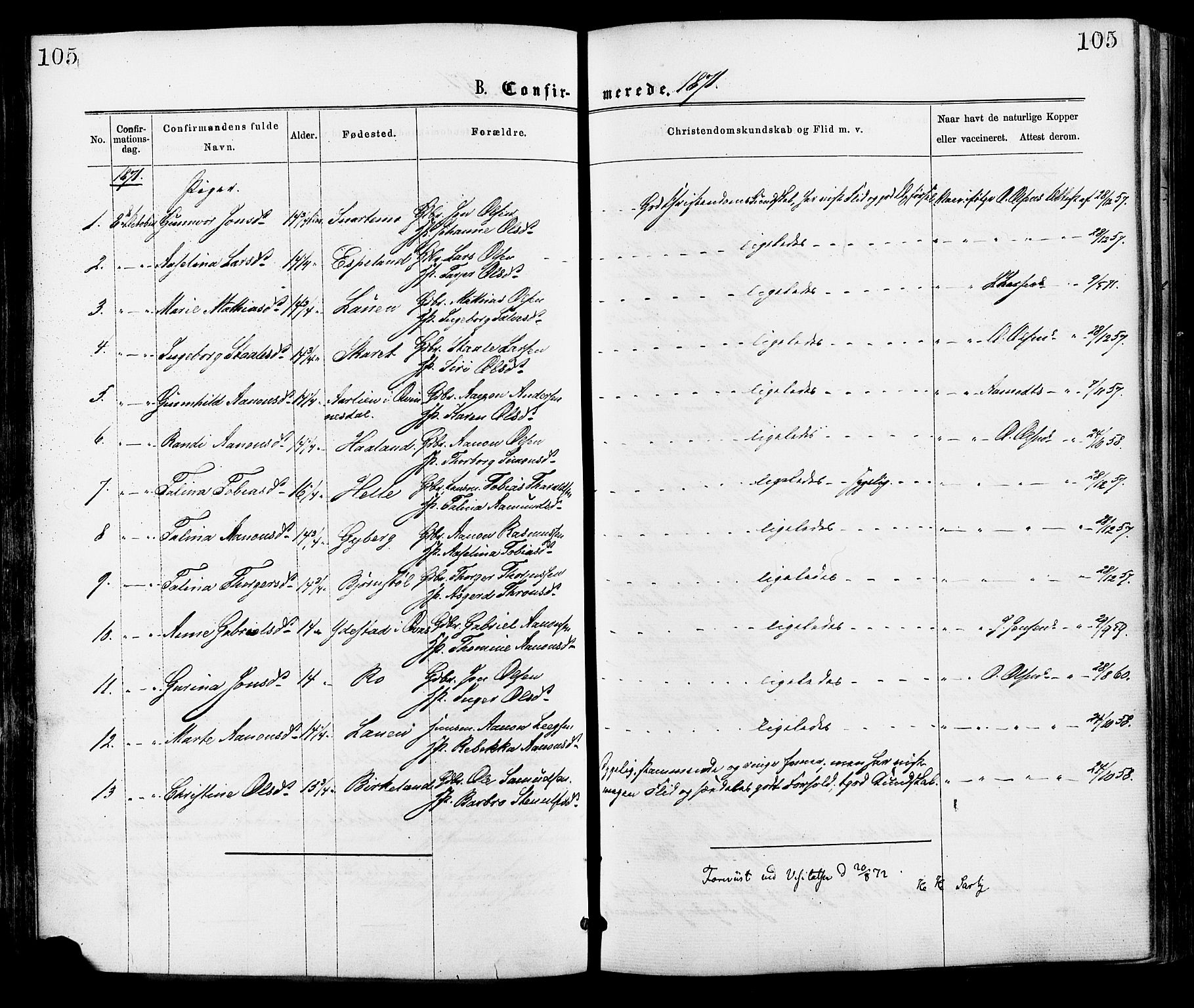 Hægebostad sokneprestkontor, AV/SAK-1111-0024/F/Fa/Faa/L0005: Parish register (official) no. A 5, 1864-1886, p. 105