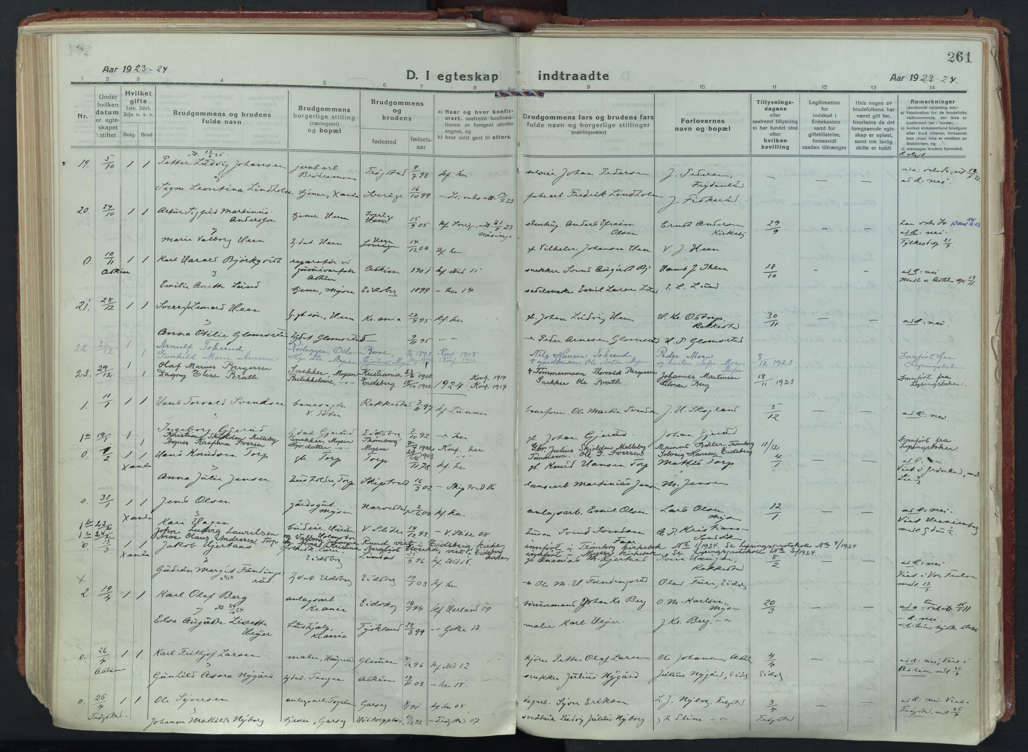 Eidsberg prestekontor Kirkebøker, SAO/A-10905/F/Fa/L0015: Parish register (official) no. I 15, 1920-1937, p. 261