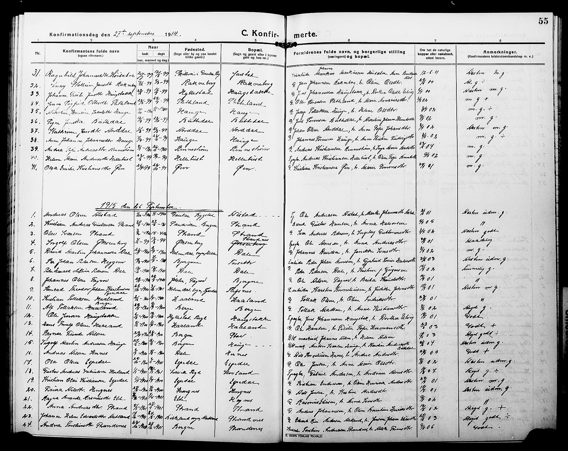 Fjaler sokneprestembete, SAB/A-79801/H/Hab/Habc/L0004: Parish register (copy) no. C 4, 1914-1927, p. 55