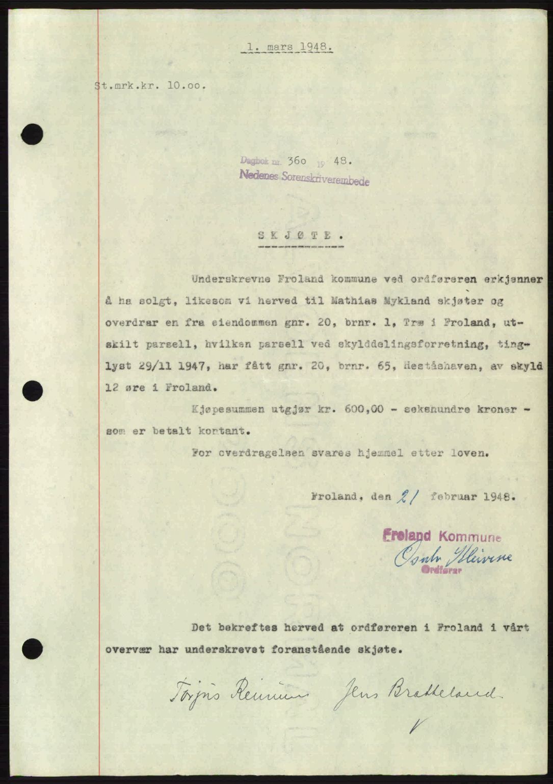 Nedenes sorenskriveri, SAK/1221-0006/G/Gb/Gba/L0059: Mortgage book no. A11, 1948-1948, Diary no: : 360/1948