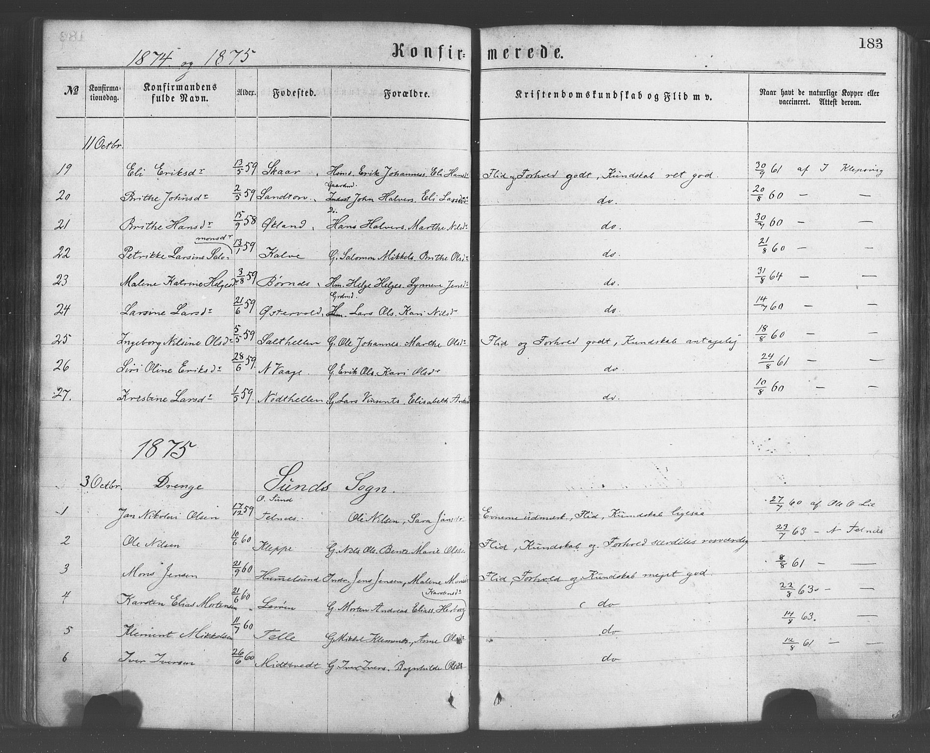 Sund sokneprestembete, SAB/A-99930: Parish register (official) no. A 15, 1867-1881, p. 183