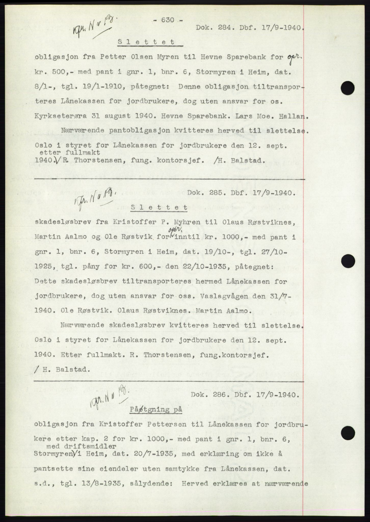 Hitra sorenskriveri, AV/SAT-A-0018/2/2C/2Ca: Mortgage book no. C1, 1936-1945, Diary no: : 284/1940