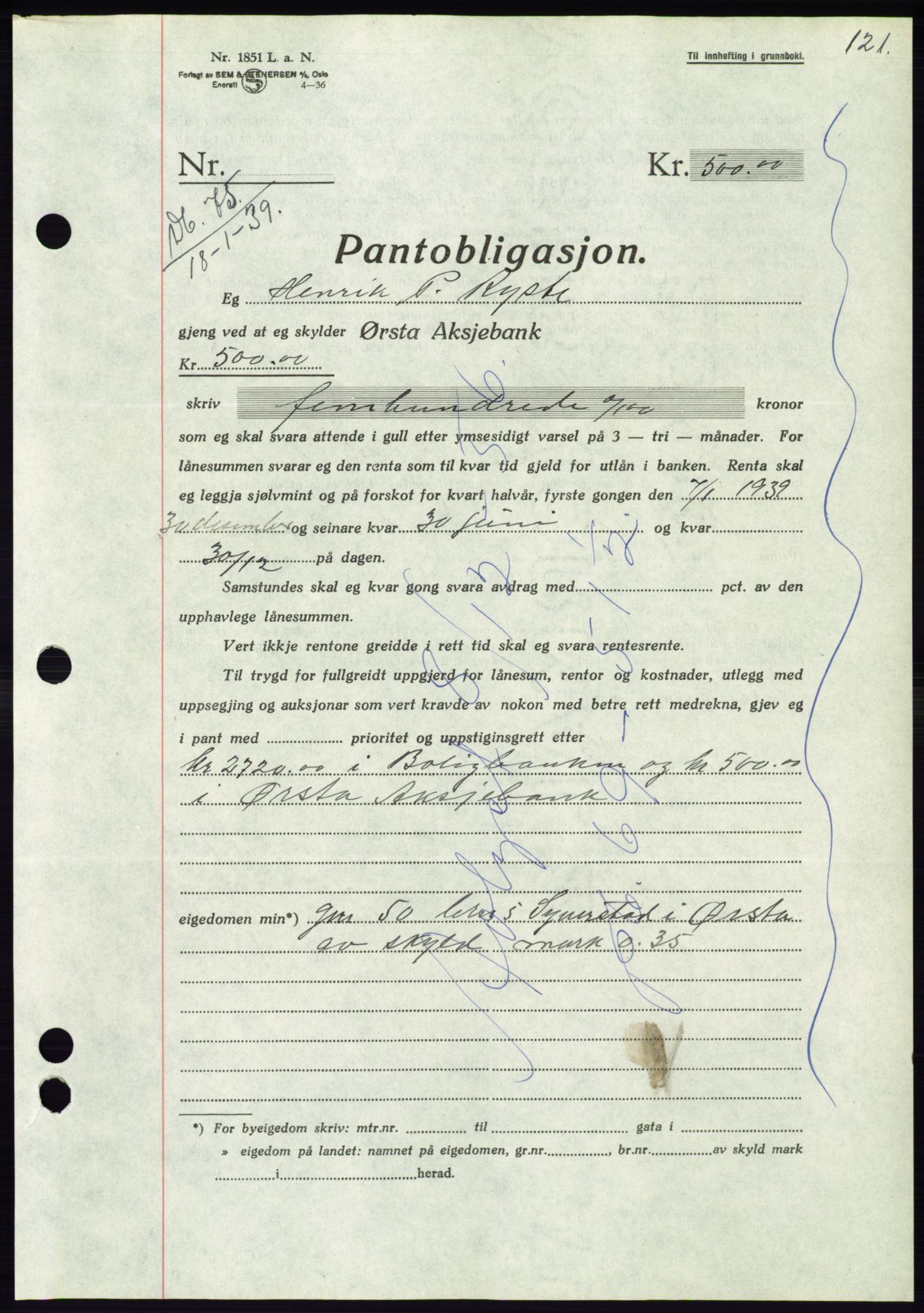 Søre Sunnmøre sorenskriveri, AV/SAT-A-4122/1/2/2C/L0067: Mortgage book no. 61, 1938-1939, Diary no: : 75/1939