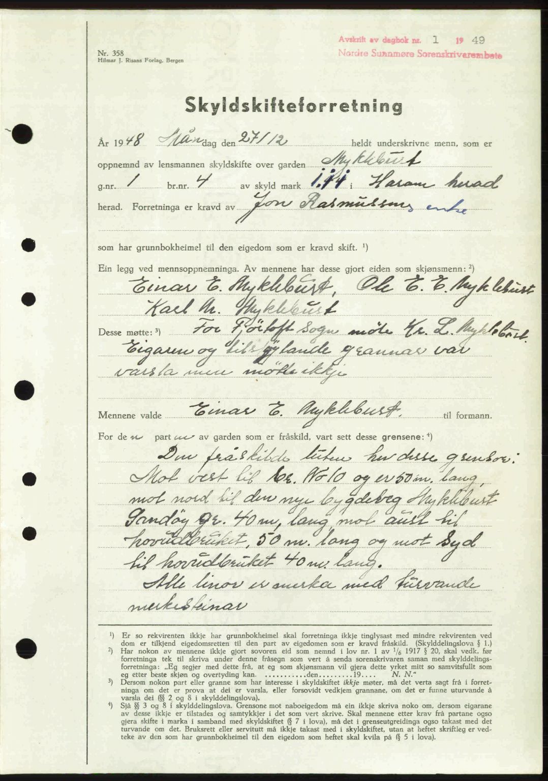 Nordre Sunnmøre sorenskriveri, AV/SAT-A-0006/1/2/2C/2Ca: Mortgage book no. A29, 1948-1949, Diary no: : 1/1949