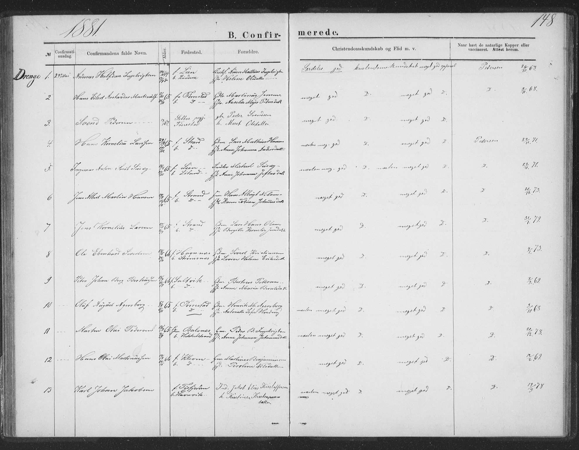 Ministerialprotokoller, klokkerbøker og fødselsregistre - Nordland, AV/SAT-A-1459/863/L0913: Parish register (copy) no. 863C03, 1877-1885, p. 148