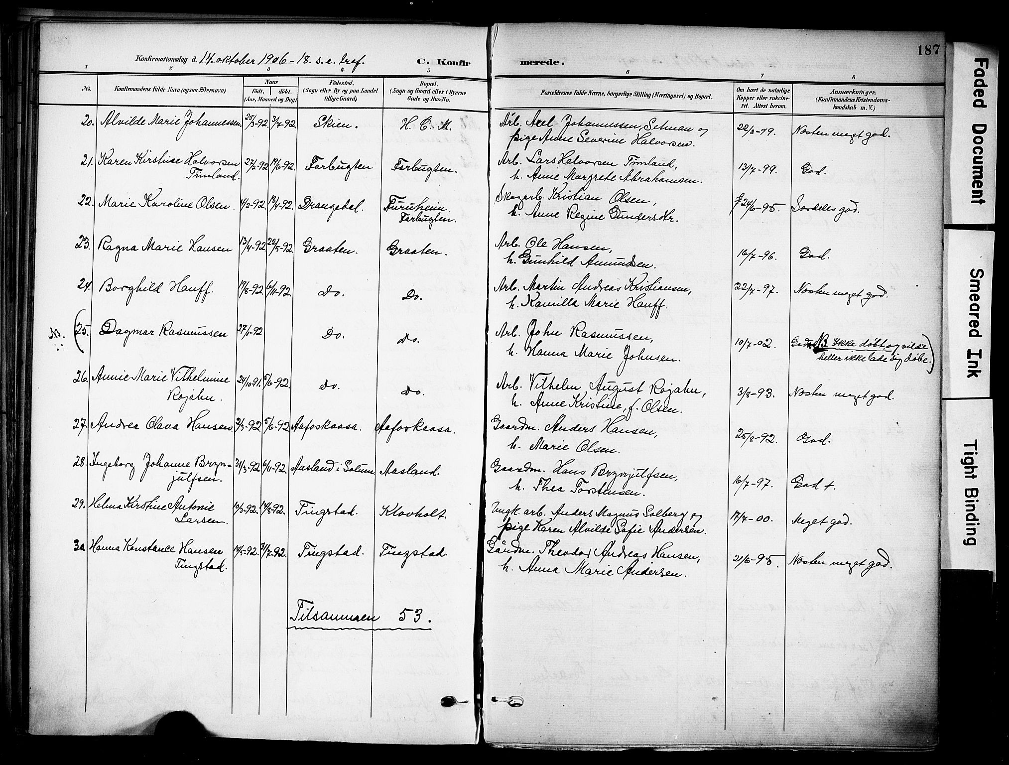 Solum kirkebøker, AV/SAKO-A-306/F/Fa/L0011: Parish register (official) no. I 11, 1898-1909, p. 187