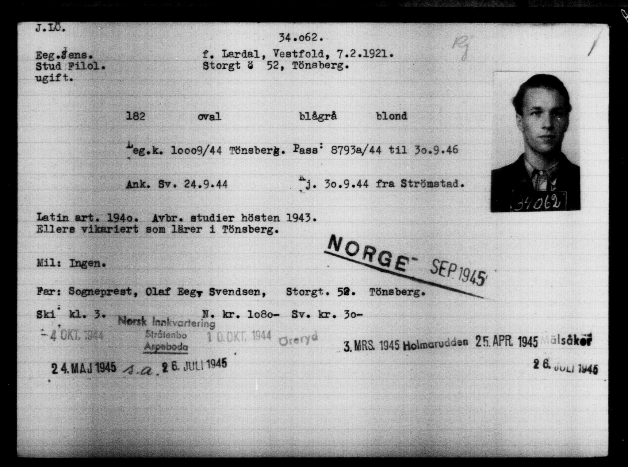 Utenriksstasjonene, Legasjonen i Stockholm, Flyktningkontoret, AV/RA-S-6753/V/Va/L0013: Kjesäterkartoteket, flyktninger med registreringsnr. 31500-34731, 1940-1945, p. 2703