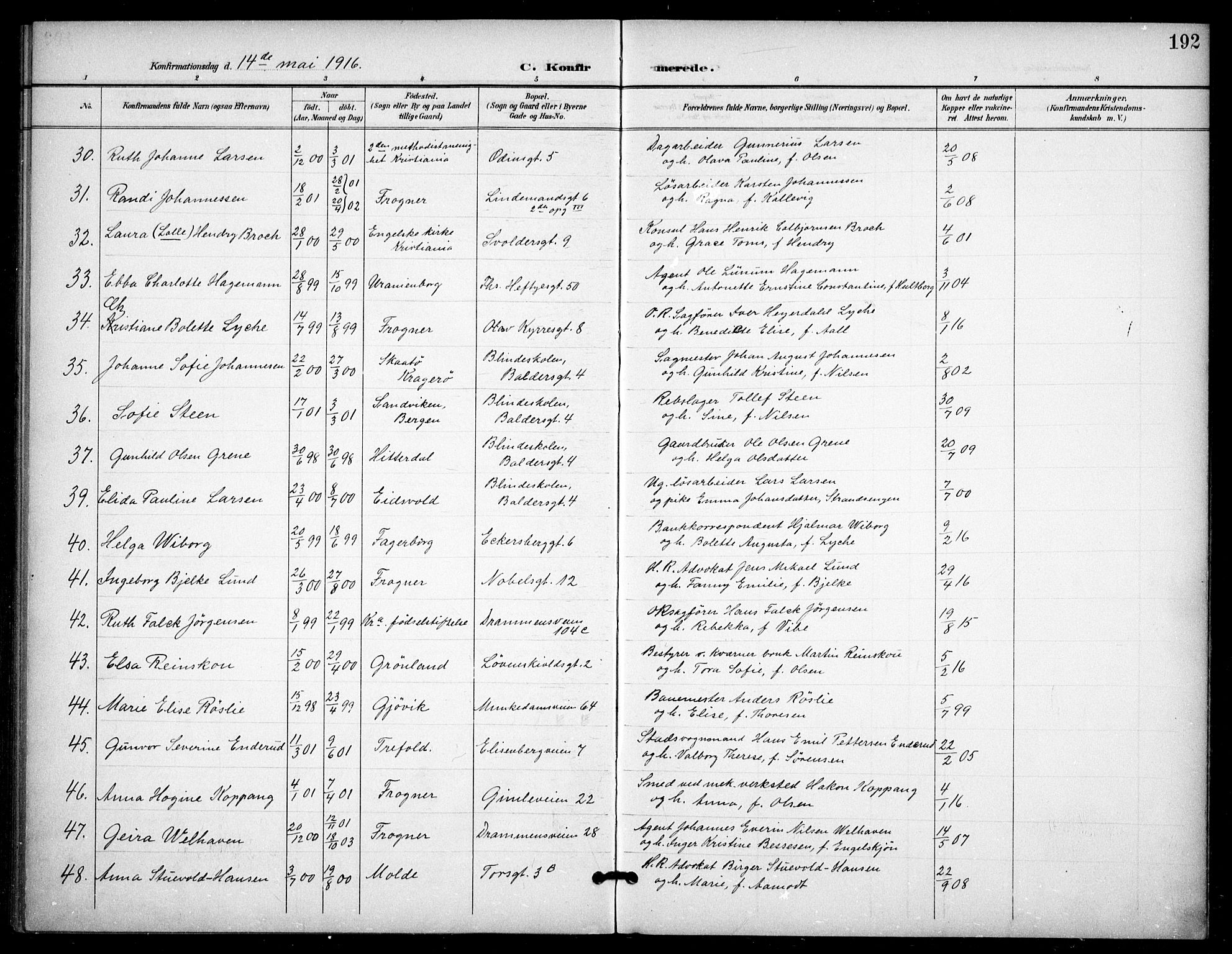 Frogner prestekontor Kirkebøker, AV/SAO-A-10886/F/Fa/L0001: Parish register (official) no. 1, 1898-1916, p. 192