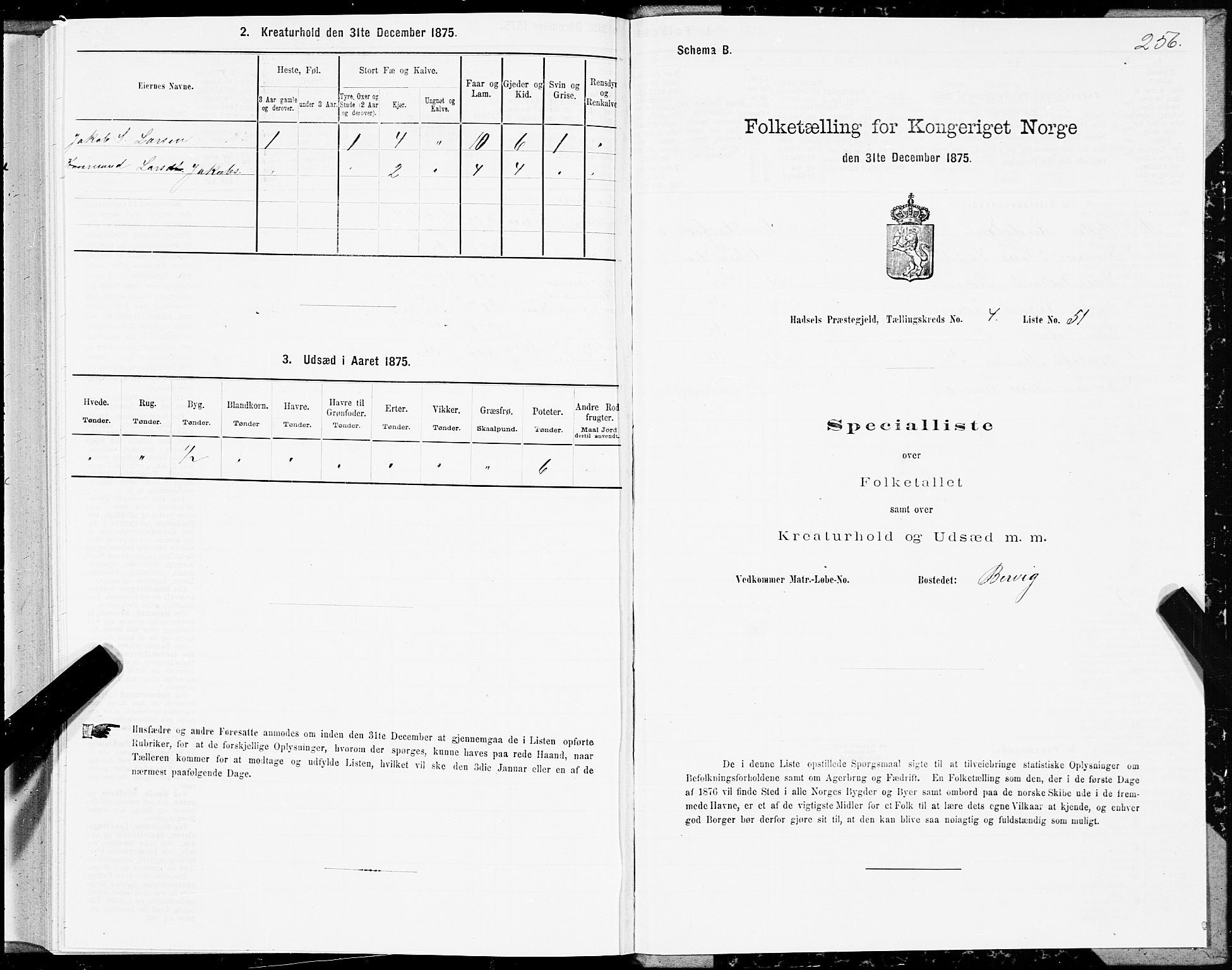 SAT, 1875 census for 1866P Hadsel, 1875, p. 2256