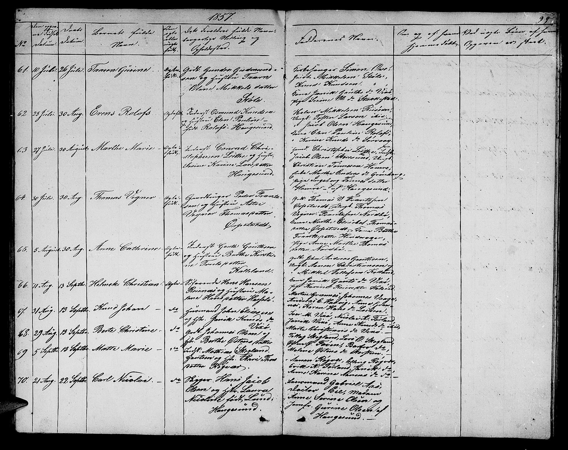 Torvastad sokneprestkontor, SAST/A -101857/H/Ha/Hab/L0004: Parish register (copy) no. B 4, 1850-1864, p. 99