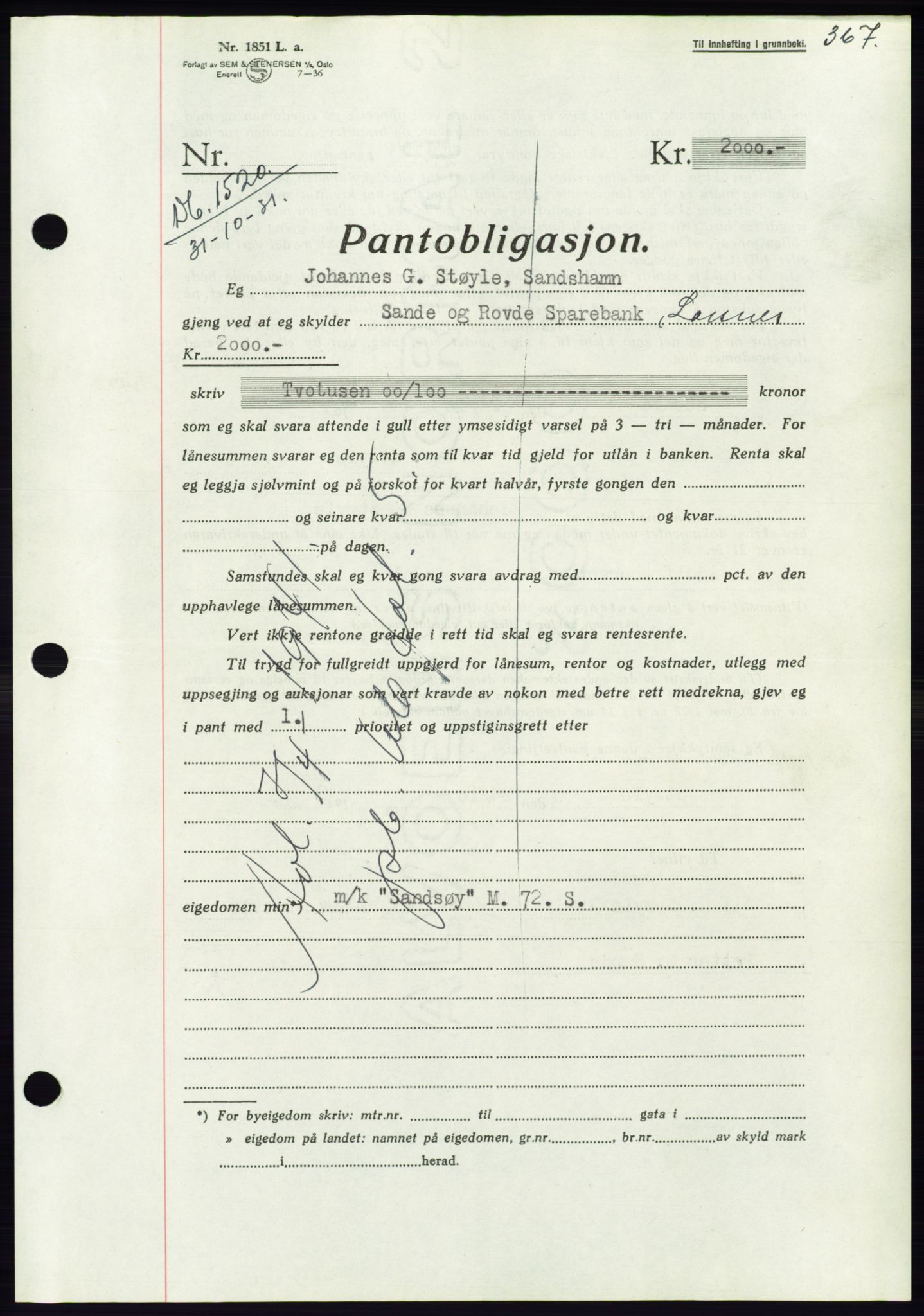 Søre Sunnmøre sorenskriveri, AV/SAT-A-4122/1/2/2C/L0066: Mortgage book no. 60, 1938-1938, Diary no: : 1520/1938