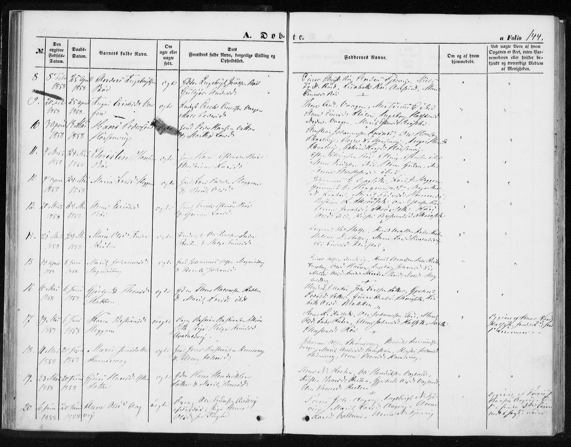Ministerialprotokoller, klokkerbøker og fødselsregistre - Møre og Romsdal, SAT/A-1454/576/L0883: Parish register (official) no. 576A01, 1849-1865, p. 144