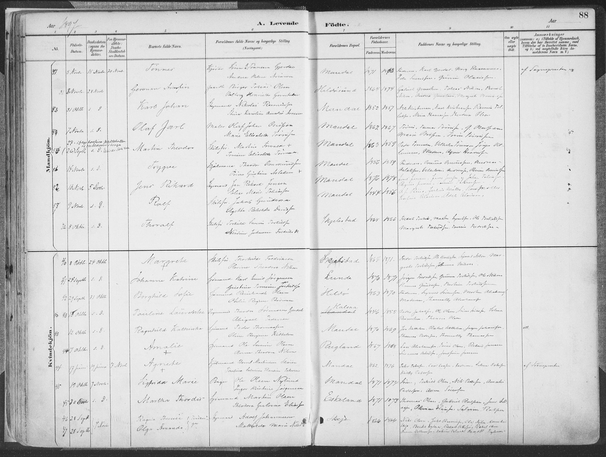 Mandal sokneprestkontor, SAK/1111-0030/F/Fa/Faa/L0018: Parish register (official) no. A 18, 1890-1905, p. 88