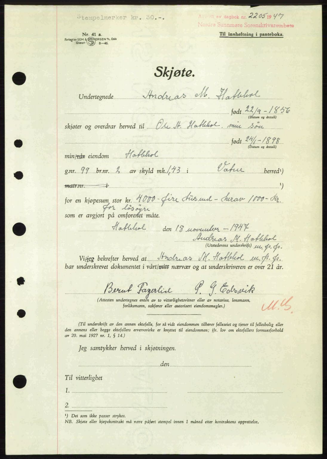 Nordre Sunnmøre sorenskriveri, AV/SAT-A-0006/1/2/2C/2Ca: Mortgage book no. A26, 1947-1948, Diary no: : 2205/1947