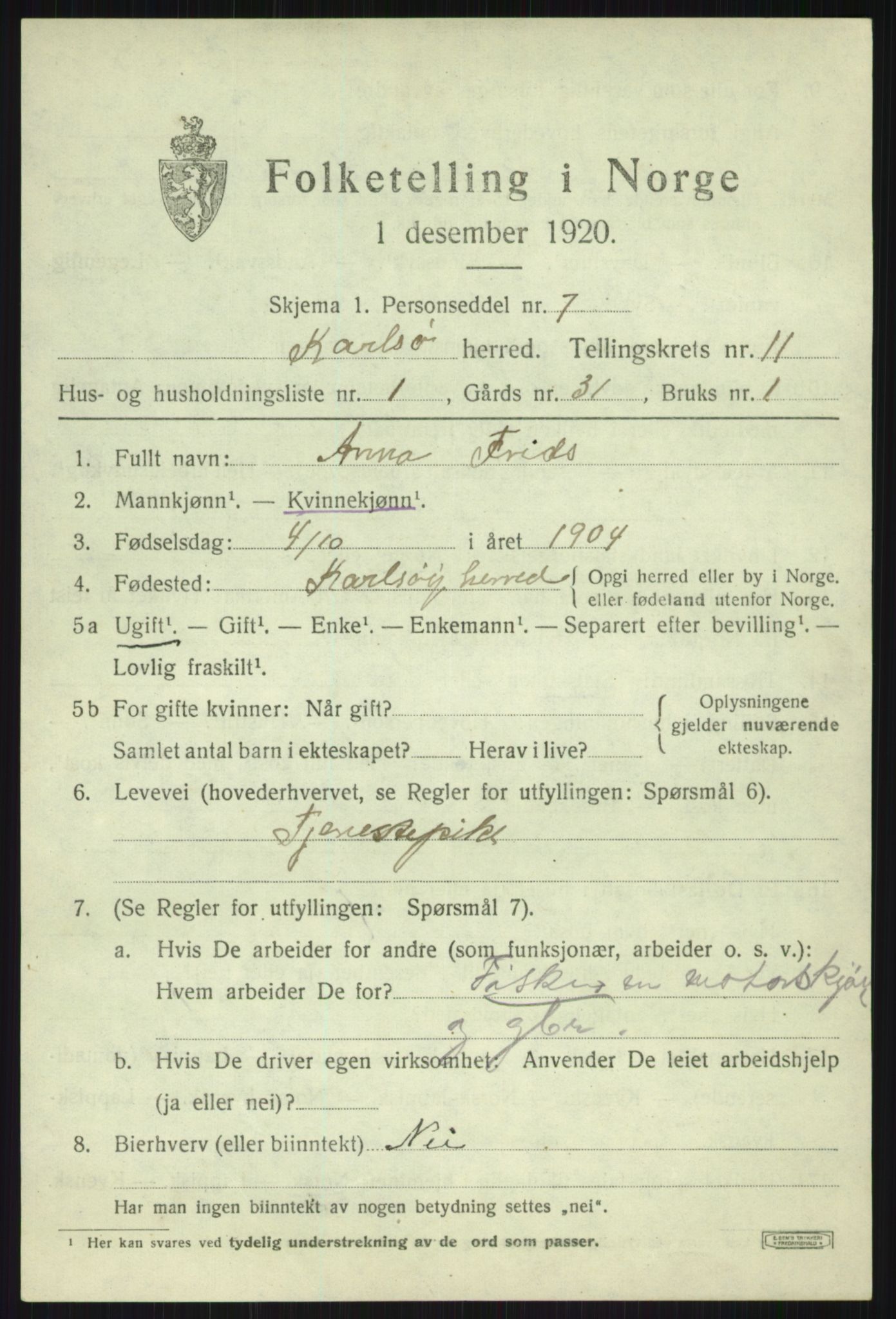 SATØ, 1920 census for Karlsøy, 1920, p. 3994