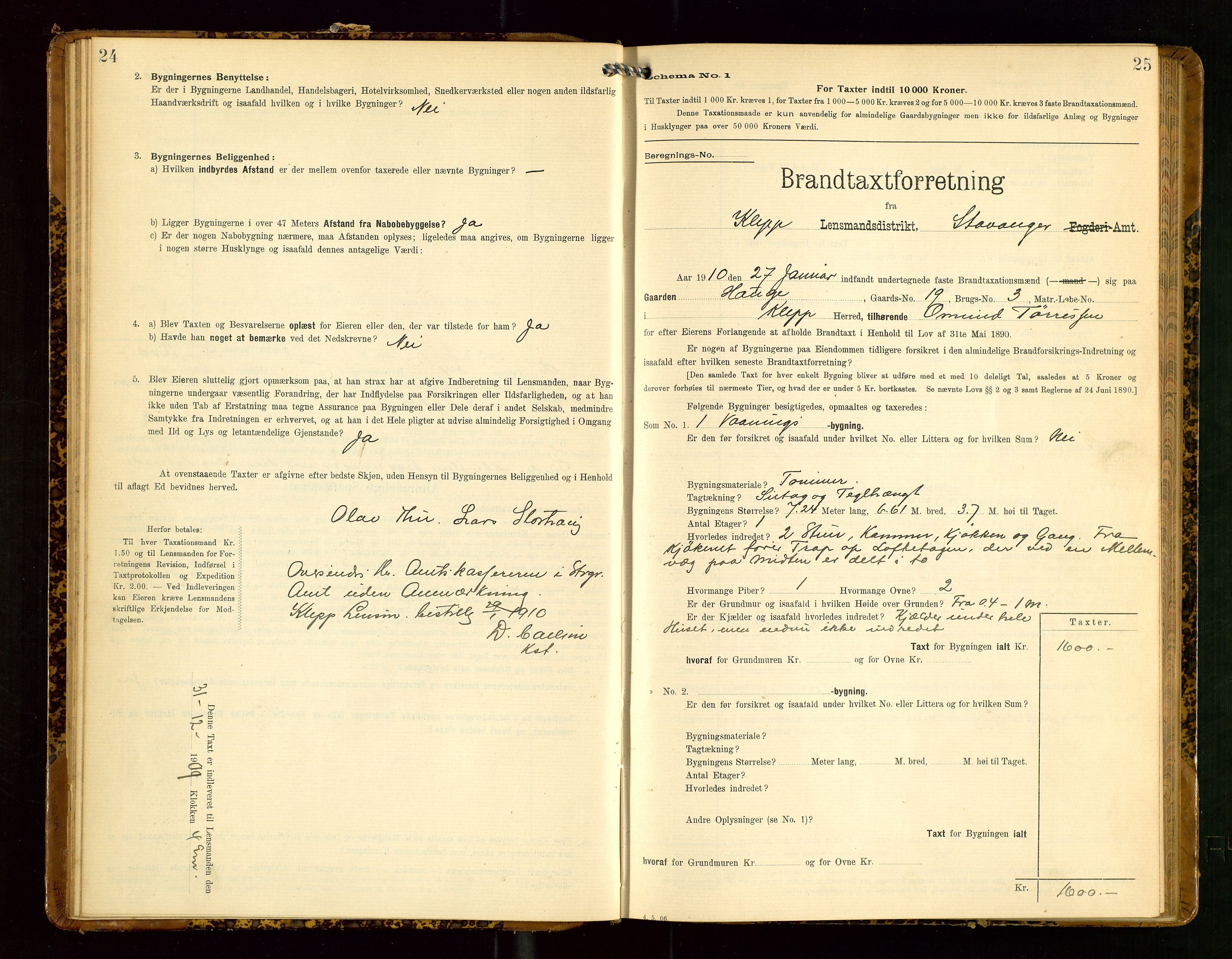 Klepp lensmannskontor, SAST/A-100163/Goc/L0005: "Brandtaxationsprotokol" m/register, 1908, p. 24-25