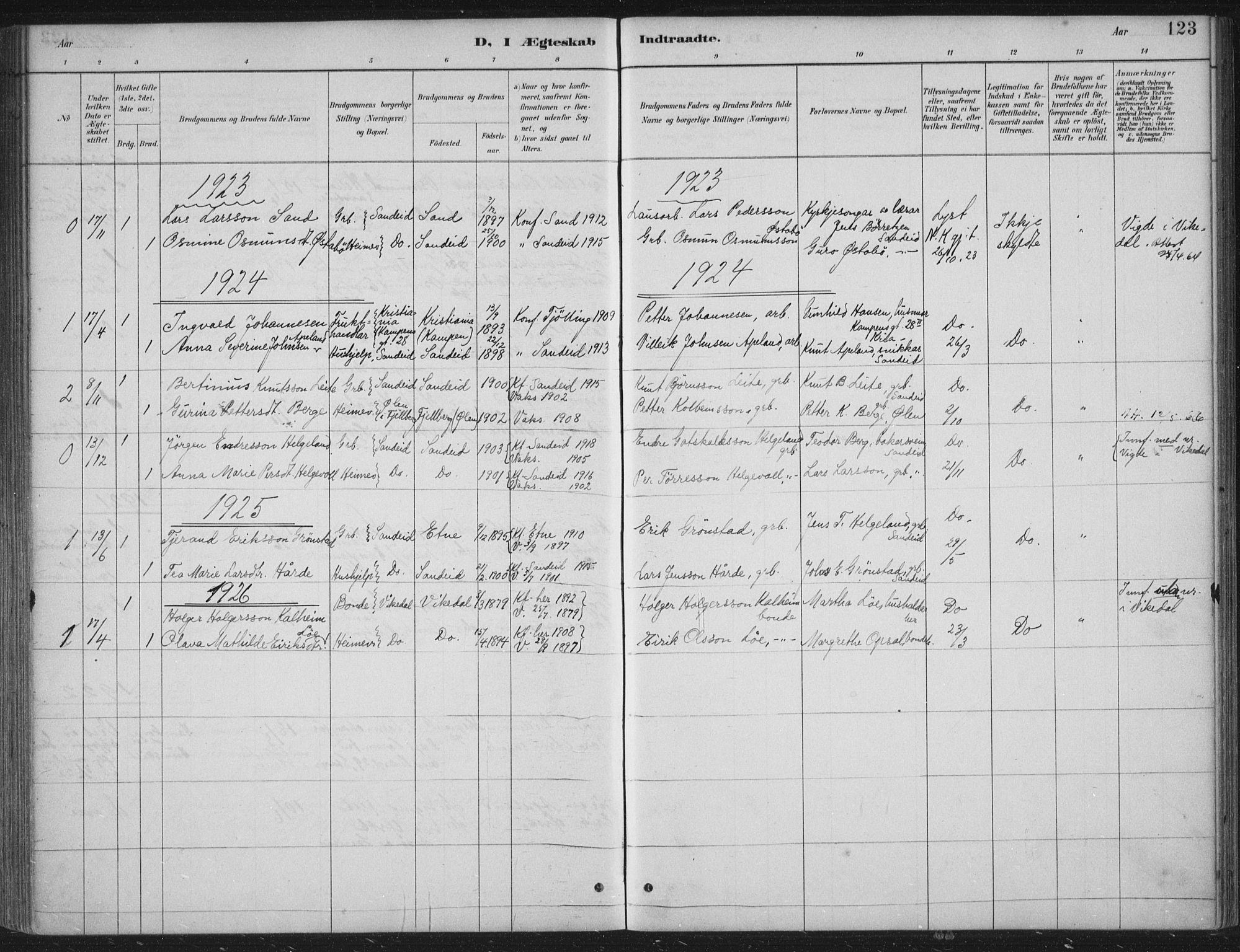 Vikedal sokneprestkontor, AV/SAST-A-101840/01/IV: Parish register (official) no. A 11, 1884-1933, p. 123