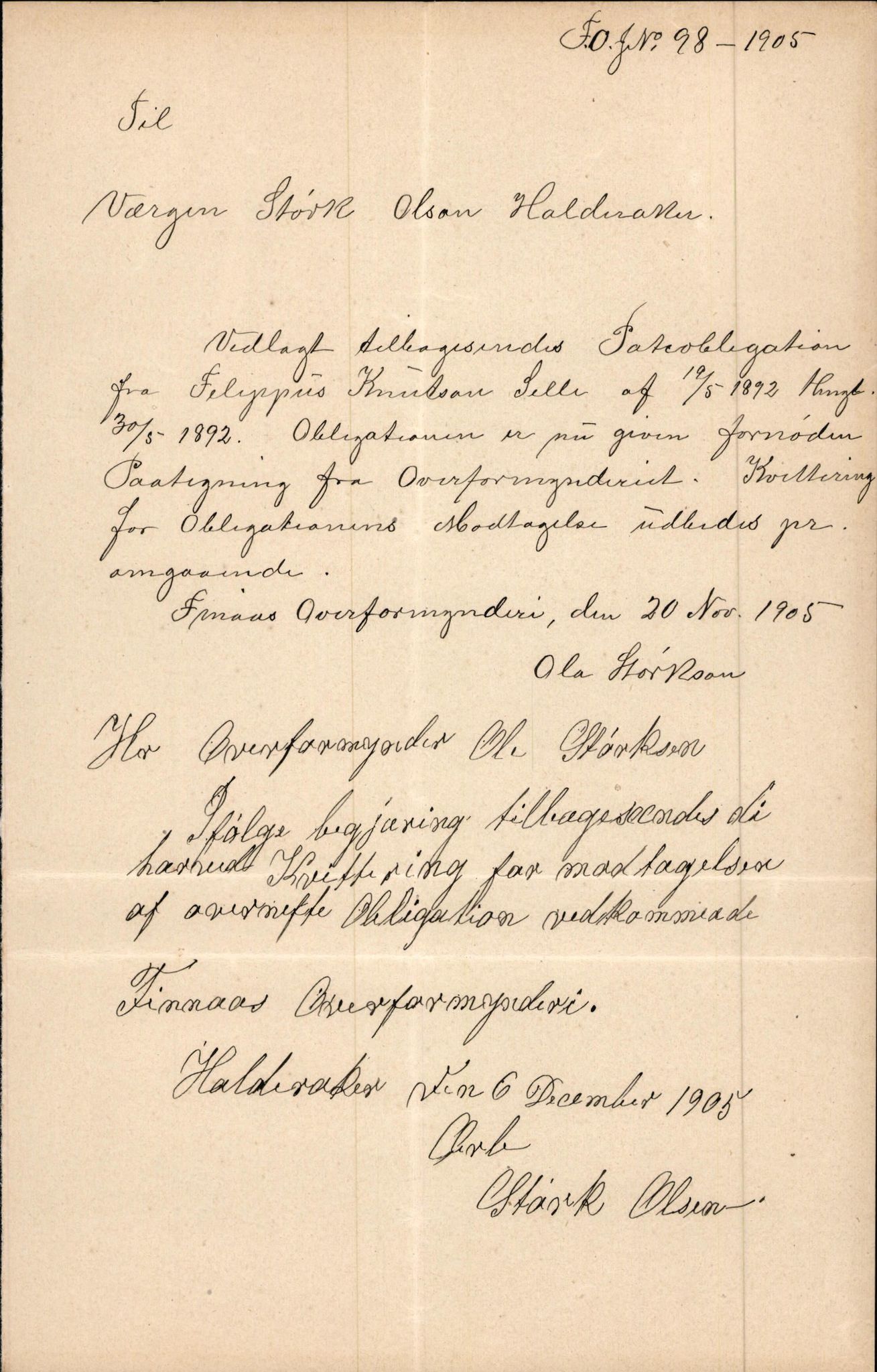 Finnaas kommune. Overformynderiet, IKAH/1218a-812/D/Da/Daa/L0002/0003: Kronologisk ordna korrespondanse / Kronologisk ordna korrespondanse, 1905-1909, p. 41