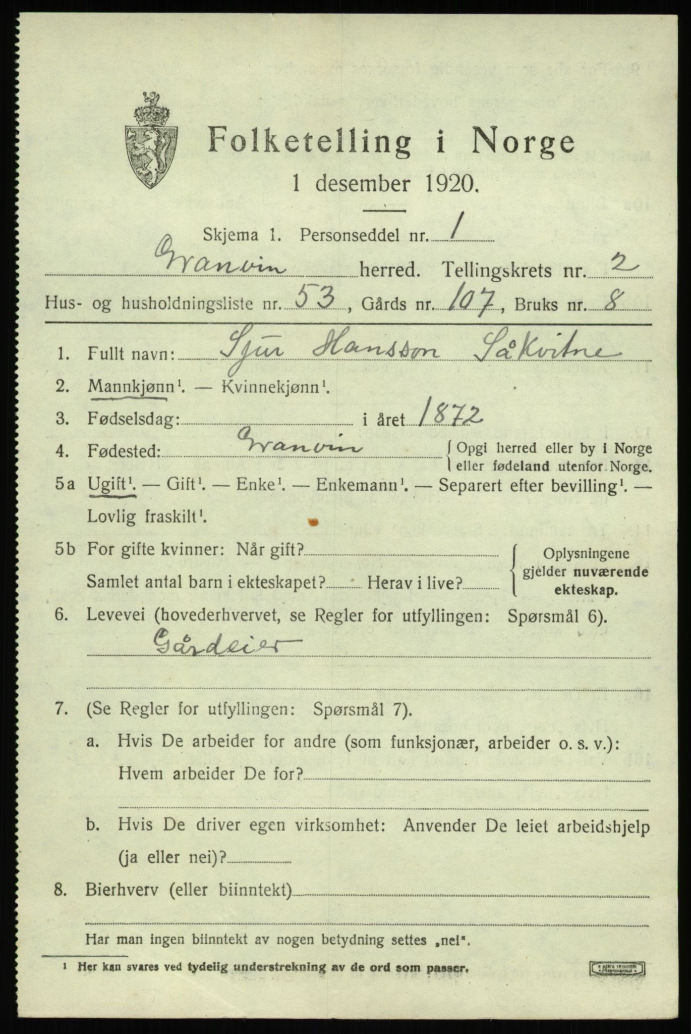 SAB, 1920 census for Granvin, 1920, p. 1170