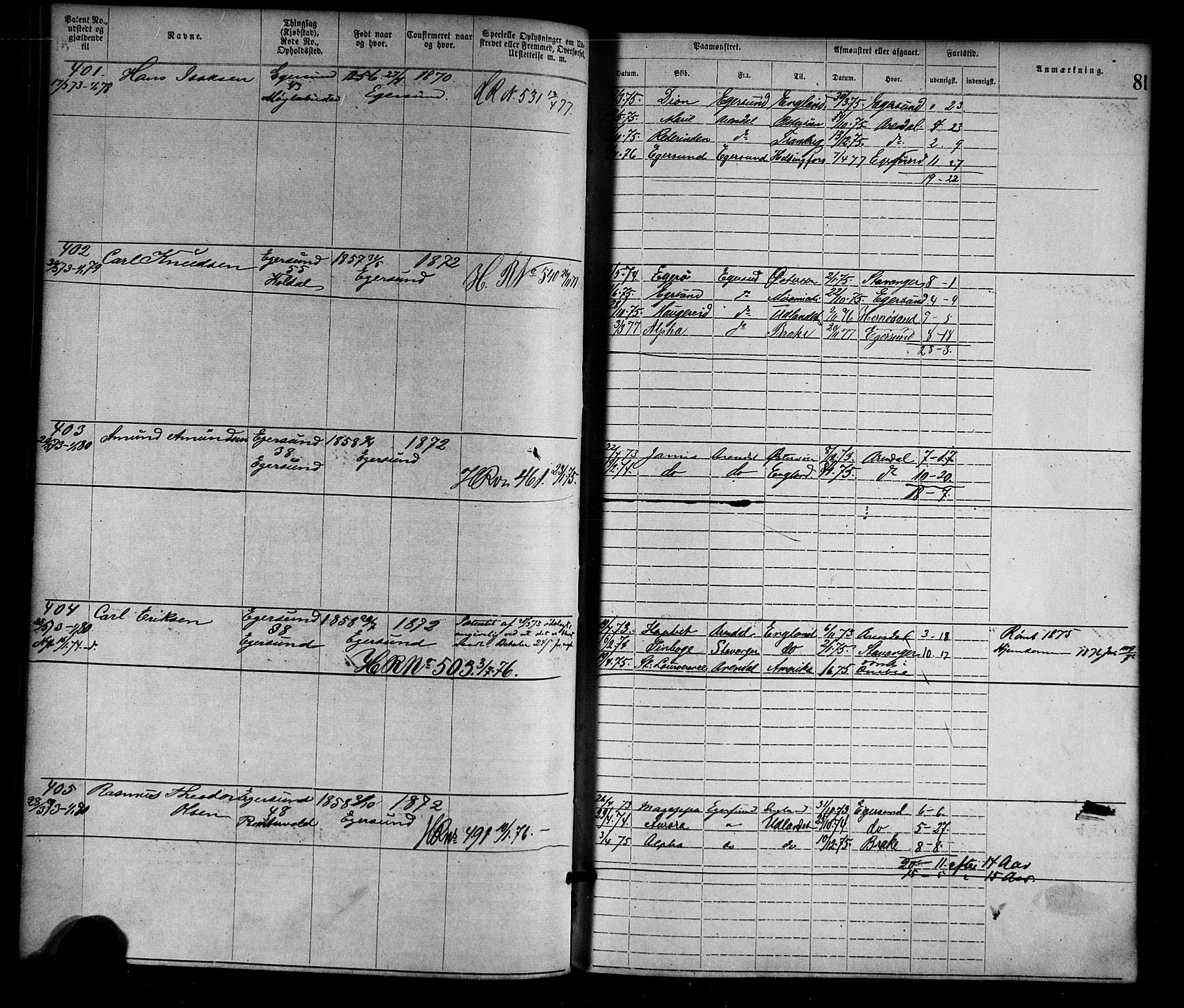 Egersund mønstringskrets, SAK/2031-0019/F/Fa/L0001: Annotasjonsrulle nr 1-1440 med register, O-1, 1869-1895, p. 97