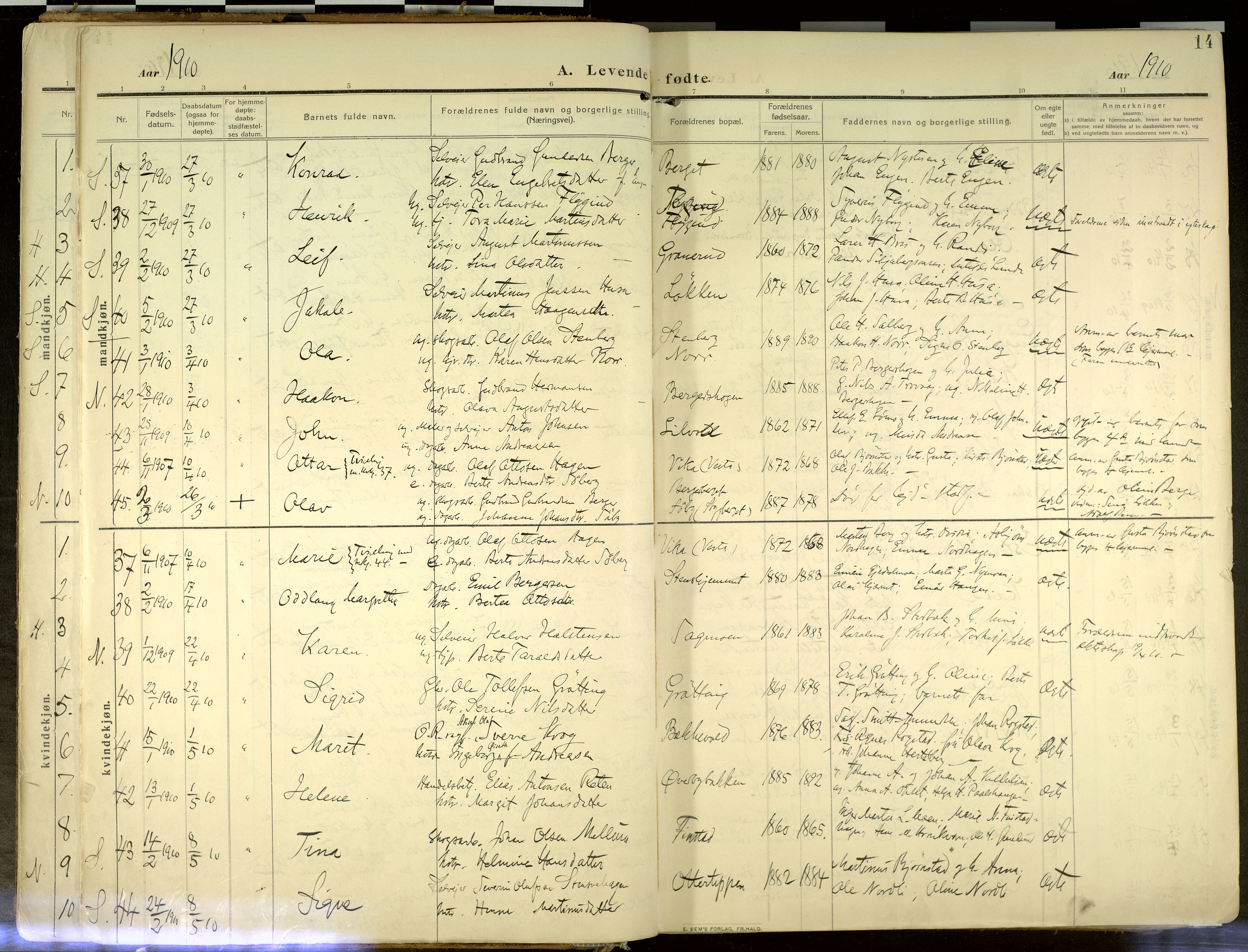 Elverum prestekontor, AV/SAH-PREST-044/H/Ha/Haa/L0020: Parish register (official) no. 20, 1909-1921, p. 14