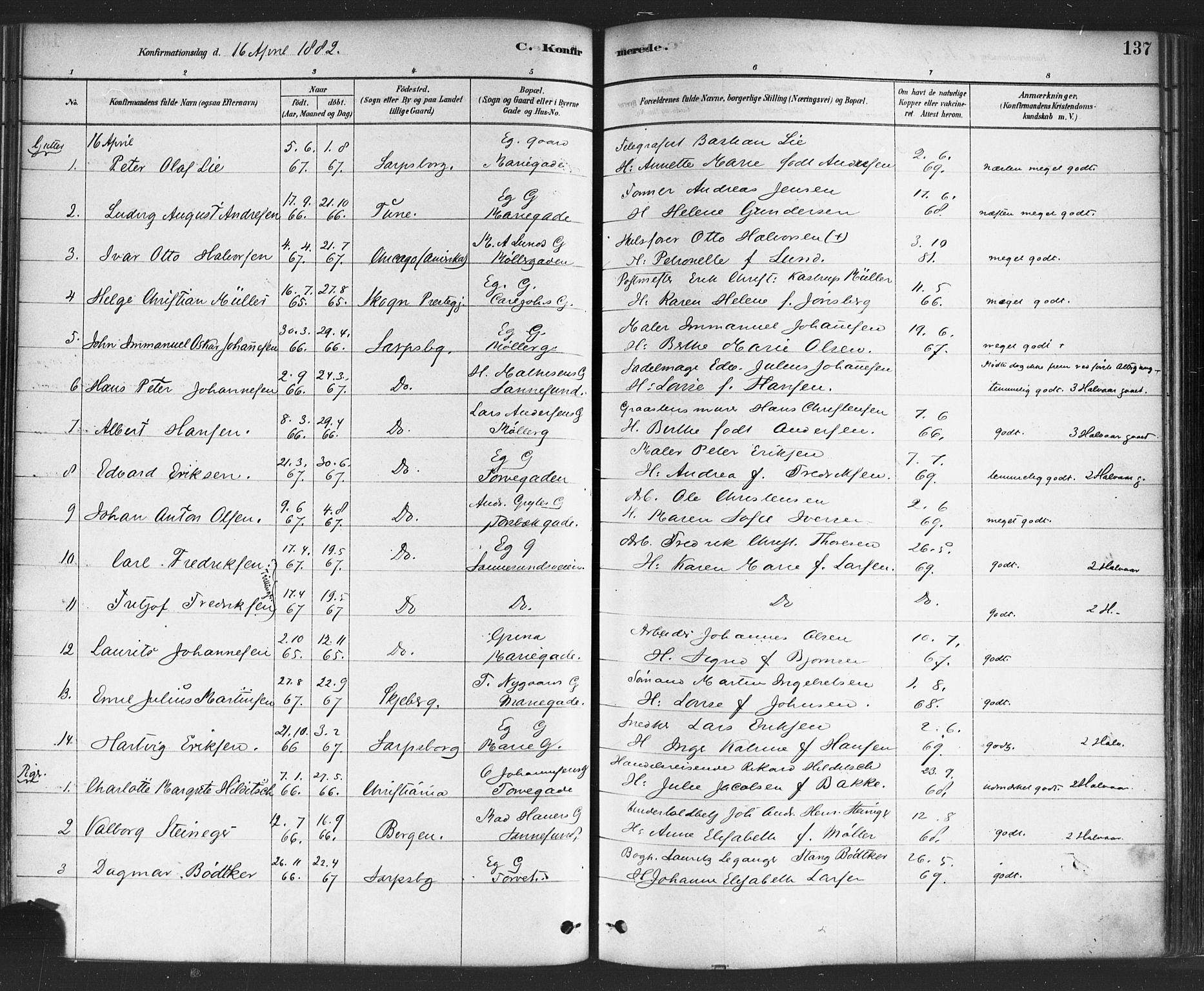 Sarpsborg prestekontor Kirkebøker, SAO/A-2006/F/Fa/L0003: Parish register (official) no. 3, 1878-1891, p. 137