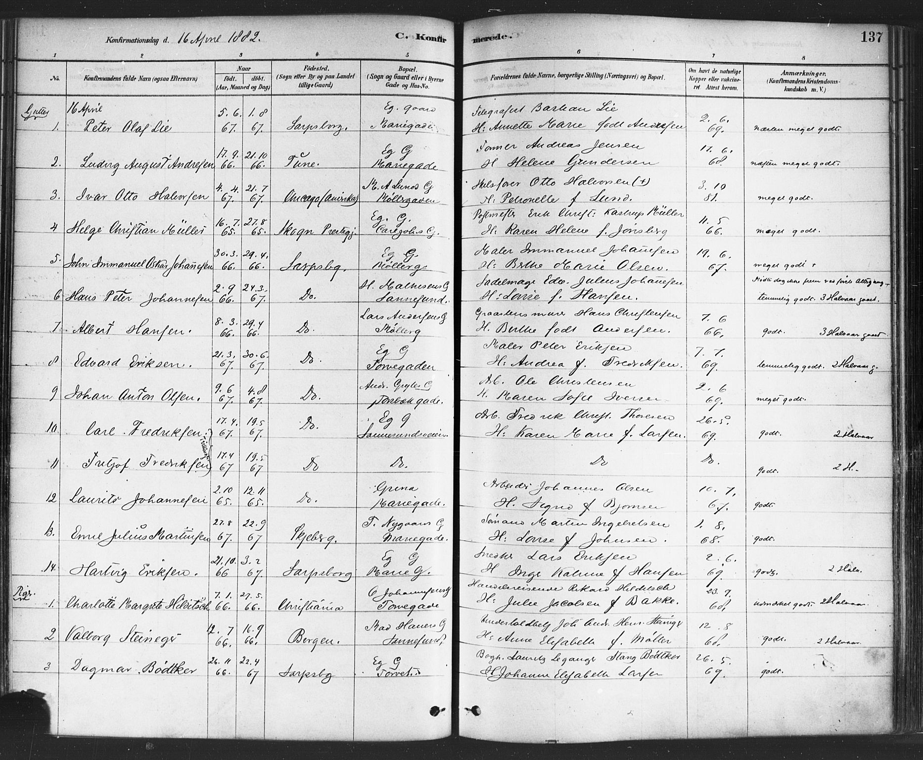 Sarpsborg prestekontor Kirkebøker, AV/SAO-A-2006/F/Fa/L0003: Parish register (official) no. 3, 1878-1891, p. 137