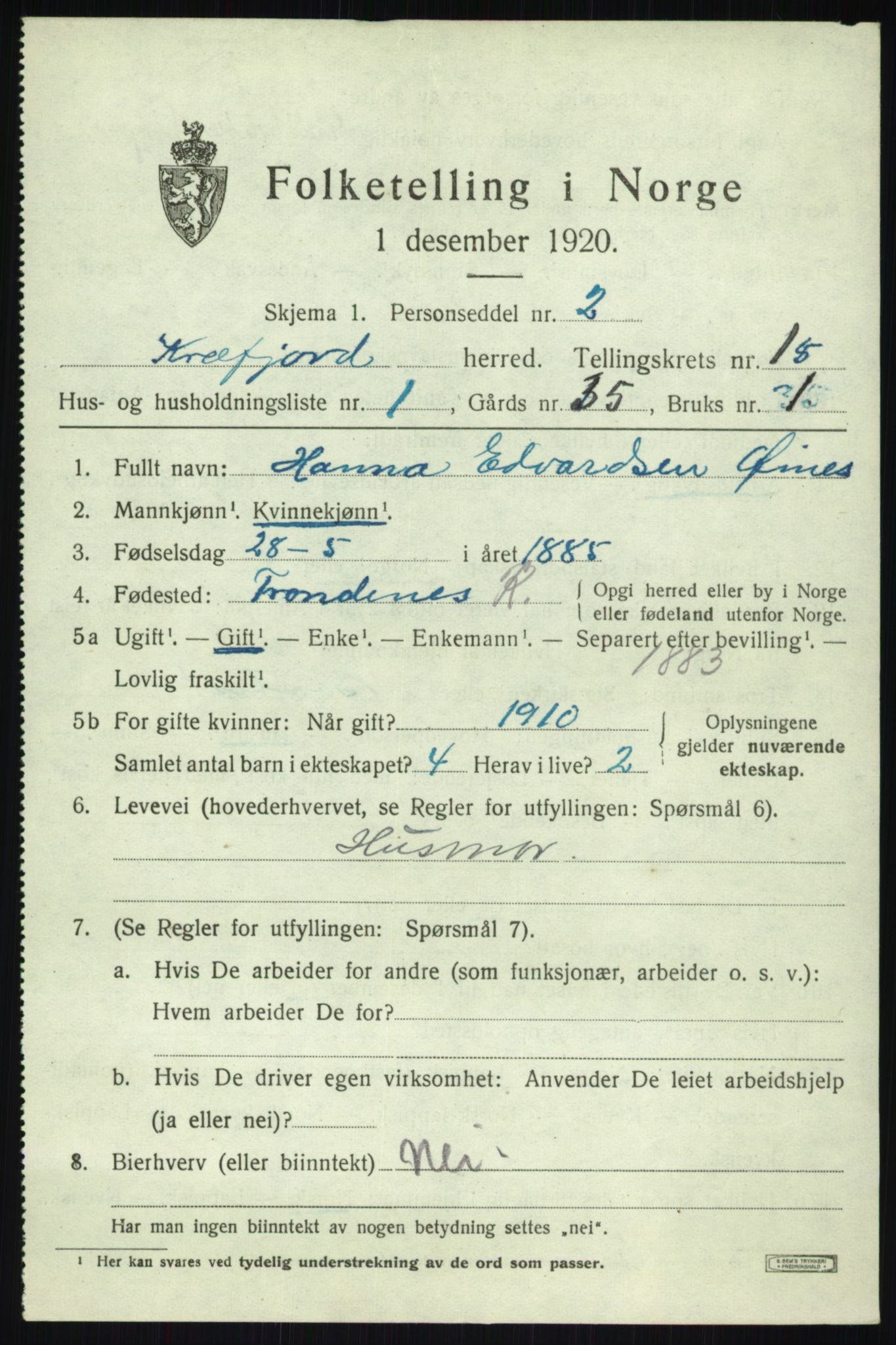 SATØ, 1920 census for Kvæfjord, 1920, p. 6915