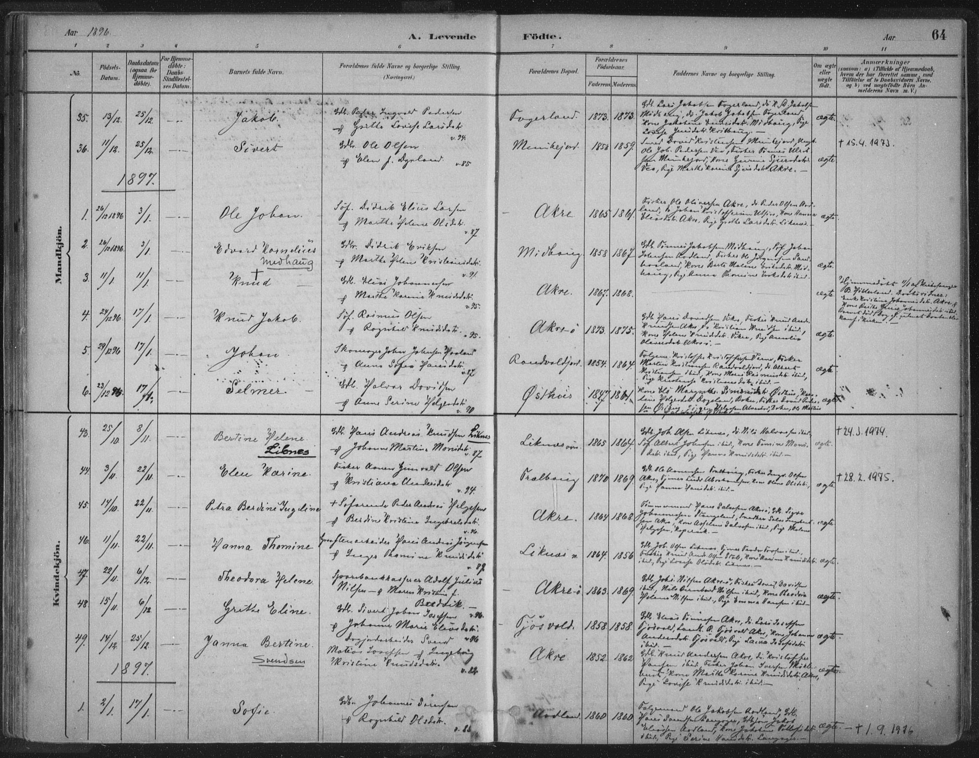 Kopervik sokneprestkontor, SAST/A-101850/H/Ha/Haa/L0004: Parish register (official) no. A 4, 1882-1905, p. 64