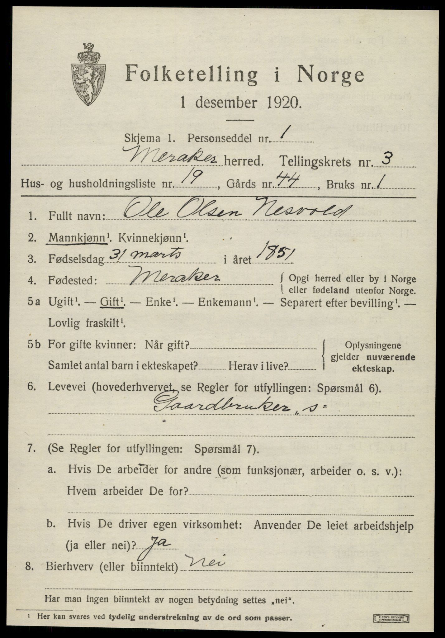 SAT, 1920 census for Meråker, 1920, p. 3360