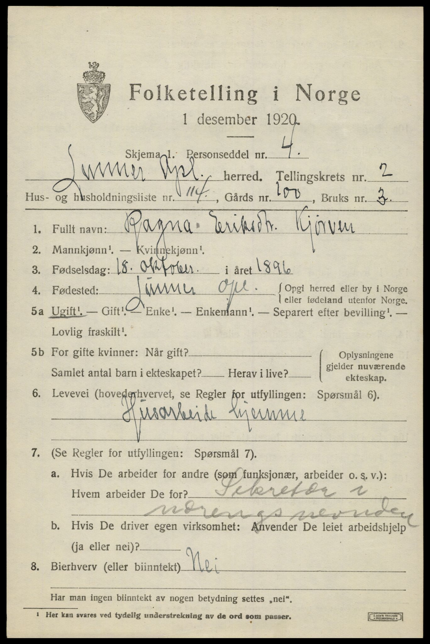 SAH, 1920 census for Lunner, 1920, p. 4407