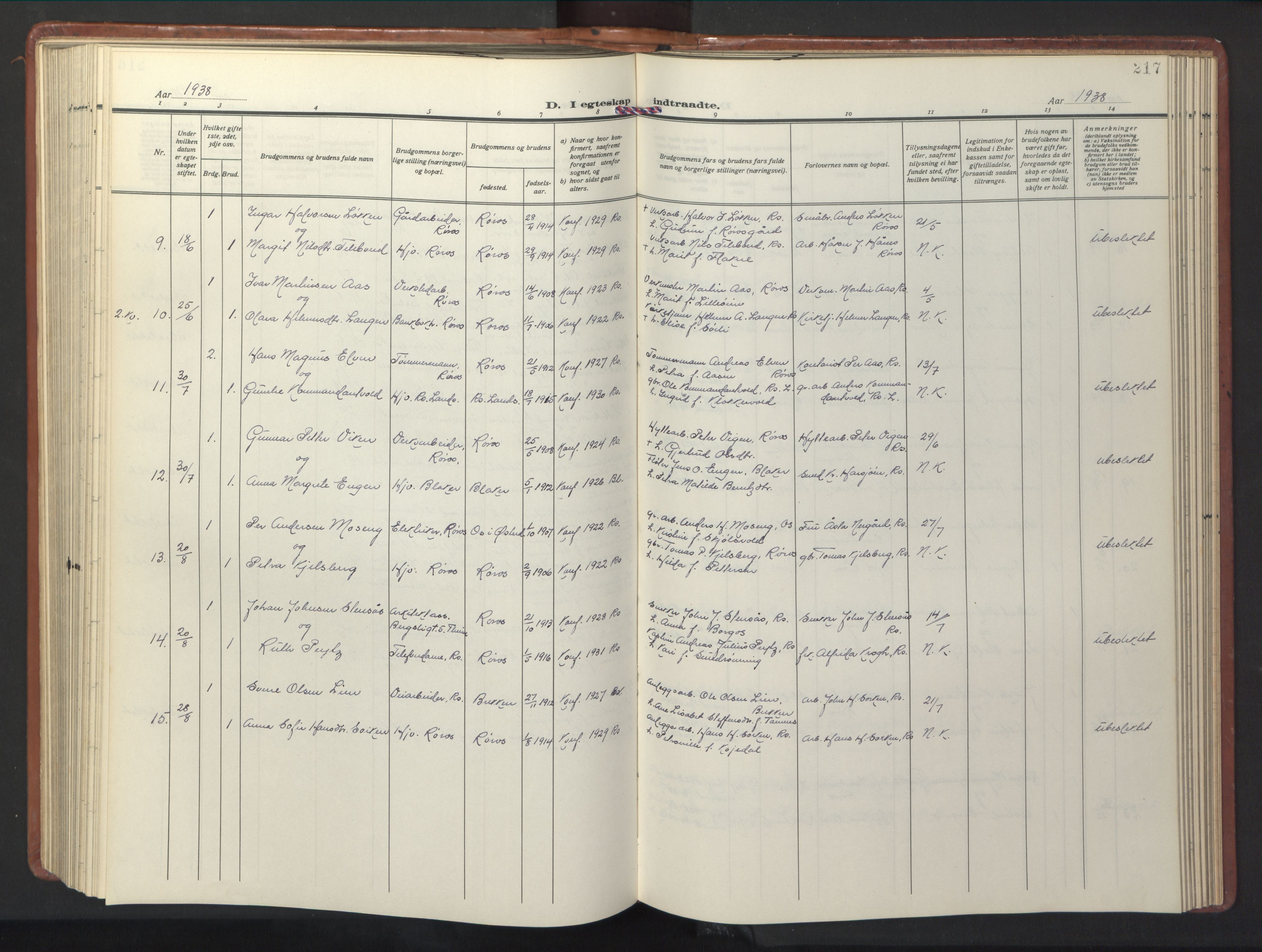 Ministerialprotokoller, klokkerbøker og fødselsregistre - Sør-Trøndelag, SAT/A-1456/681/L0943: Parish register (copy) no. 681C07, 1926-1954, p. 217