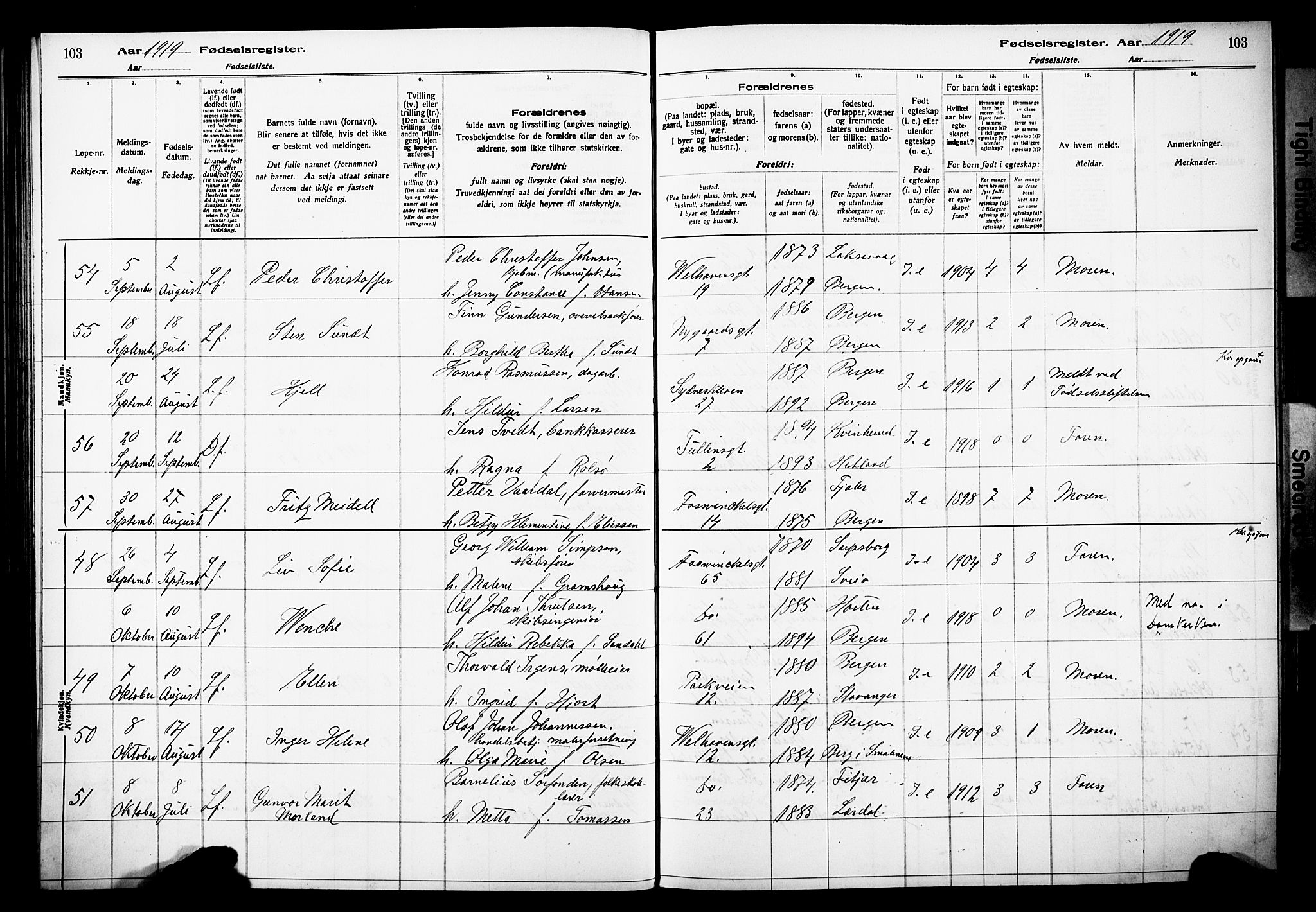 Johanneskirken sokneprestembete, AV/SAB-A-76001/I/Id/L00A1: Birth register no. A 1, 1916-1924, p. 103