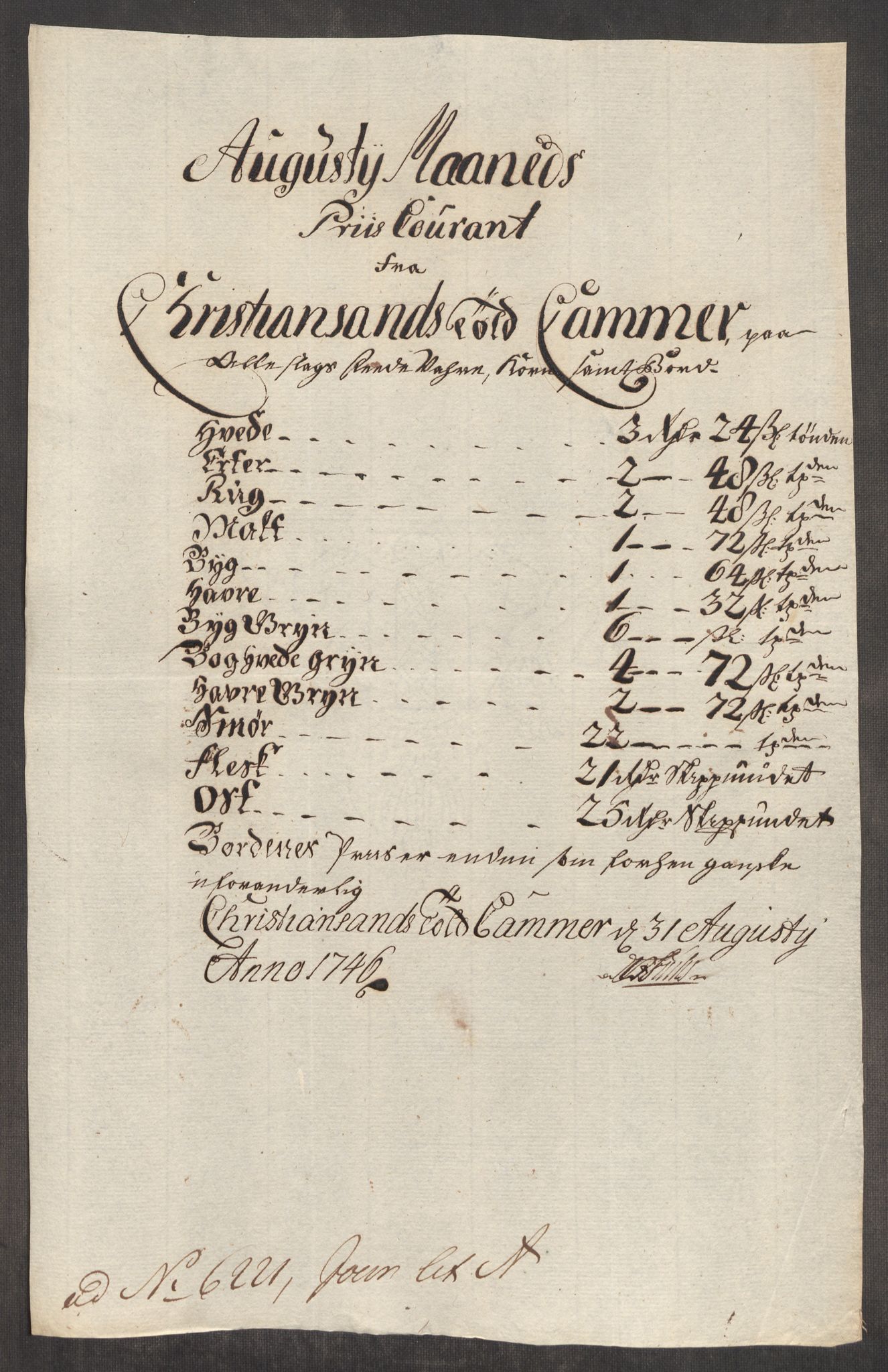 Rentekammeret inntil 1814, Realistisk ordnet avdeling, AV/RA-EA-4070/Oe/L0003: [Ø1]: Priskuranter, 1745-1748, p. 415