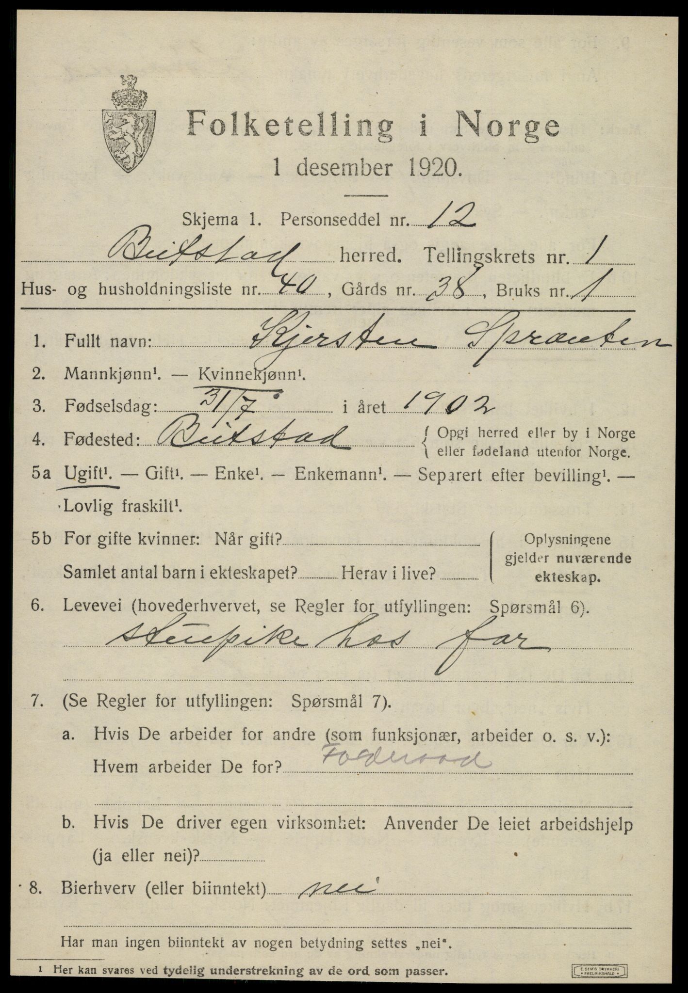 SAT, 1920 census for Beitstad, 1920, p. 1177