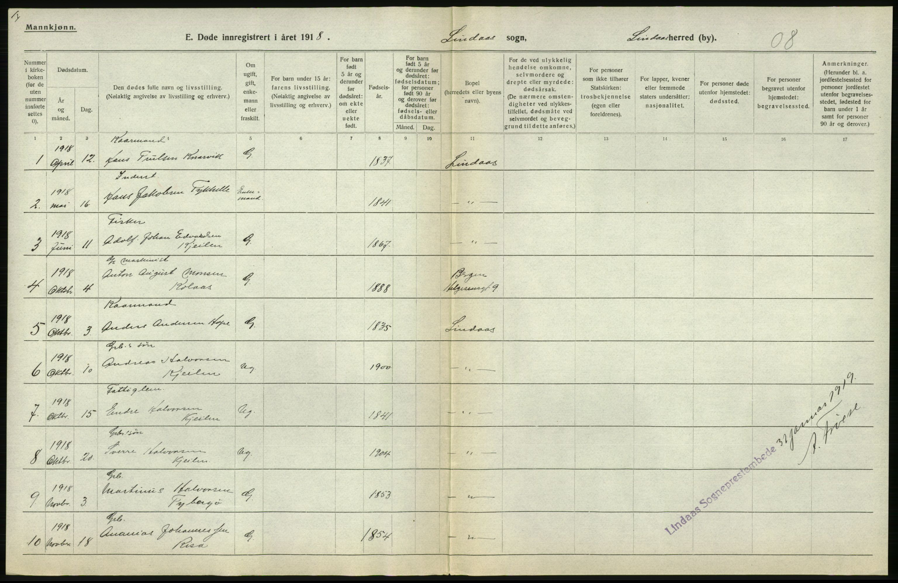 Statistisk sentralbyrå, Sosiodemografiske emner, Befolkning, AV/RA-S-2228/D/Df/Dfb/Dfbh/L0036: Hordaland fylke: Døde., 1918, p. 276