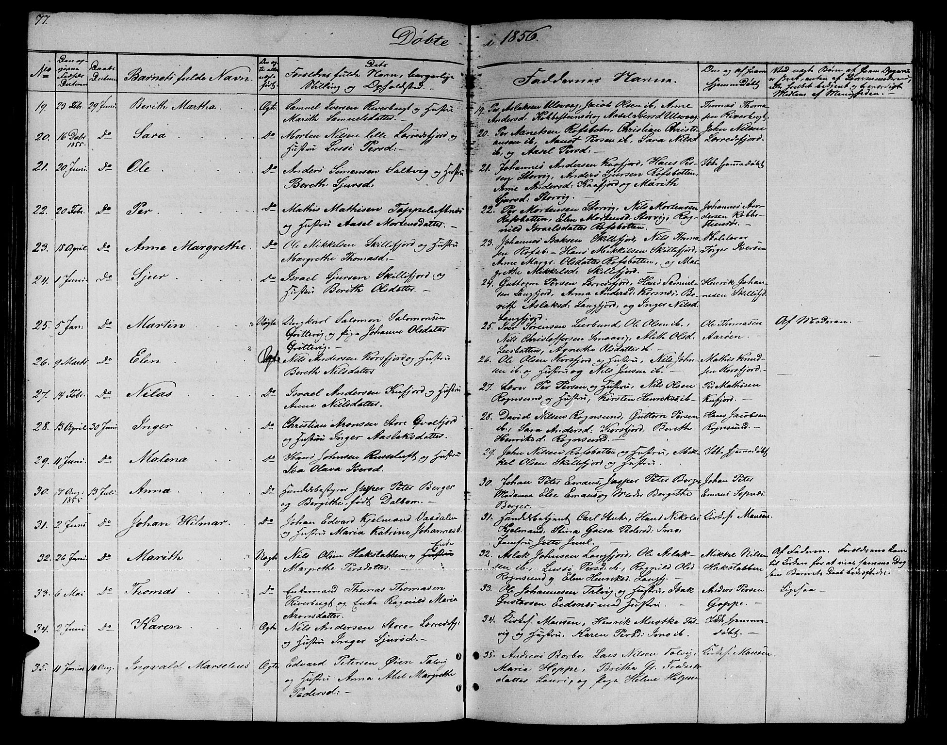 Talvik sokneprestkontor, AV/SATØ-S-1337/H/Hb/L0001klokker: Parish register (copy) no. 1, 1847-1863, p. 77