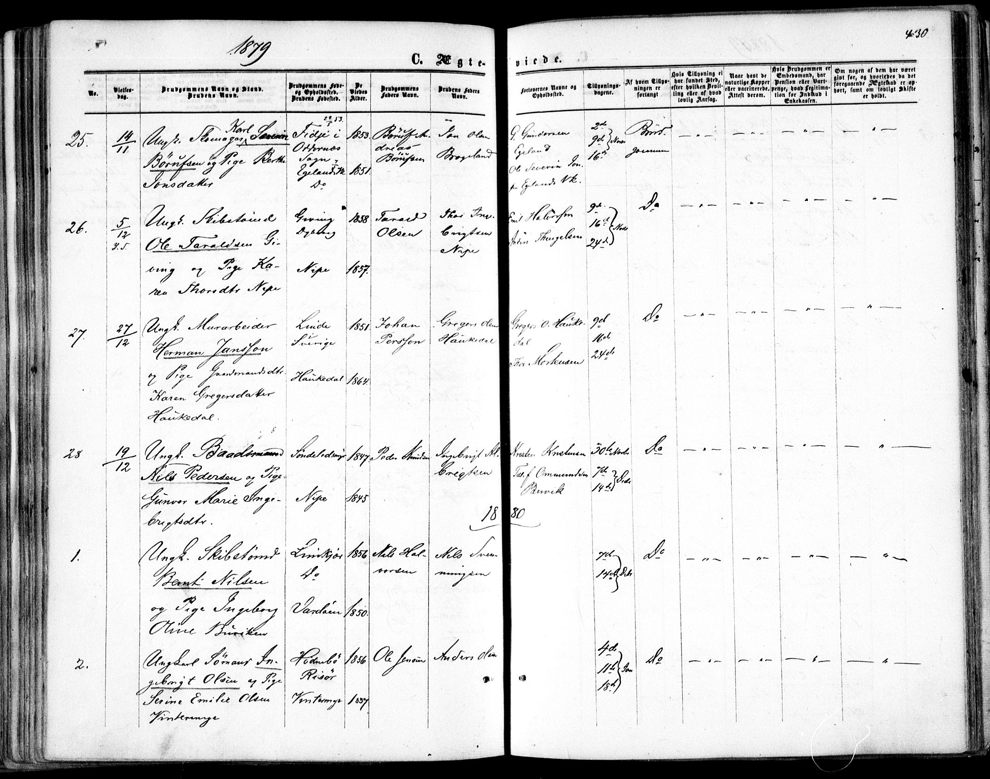 Søndeled sokneprestkontor, AV/SAK-1111-0038/F/Fa/L0003: Parish register (official) no. A 3, 1861-1879, p. 430