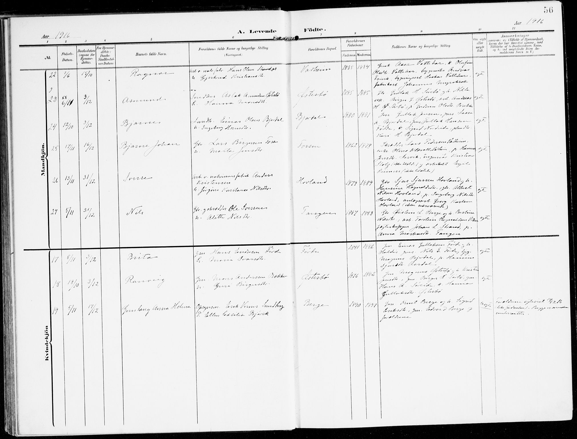 Lavik sokneprestembete, AV/SAB-A-80901: Parish register (official) no. C 2, 1904-1921, p. 56