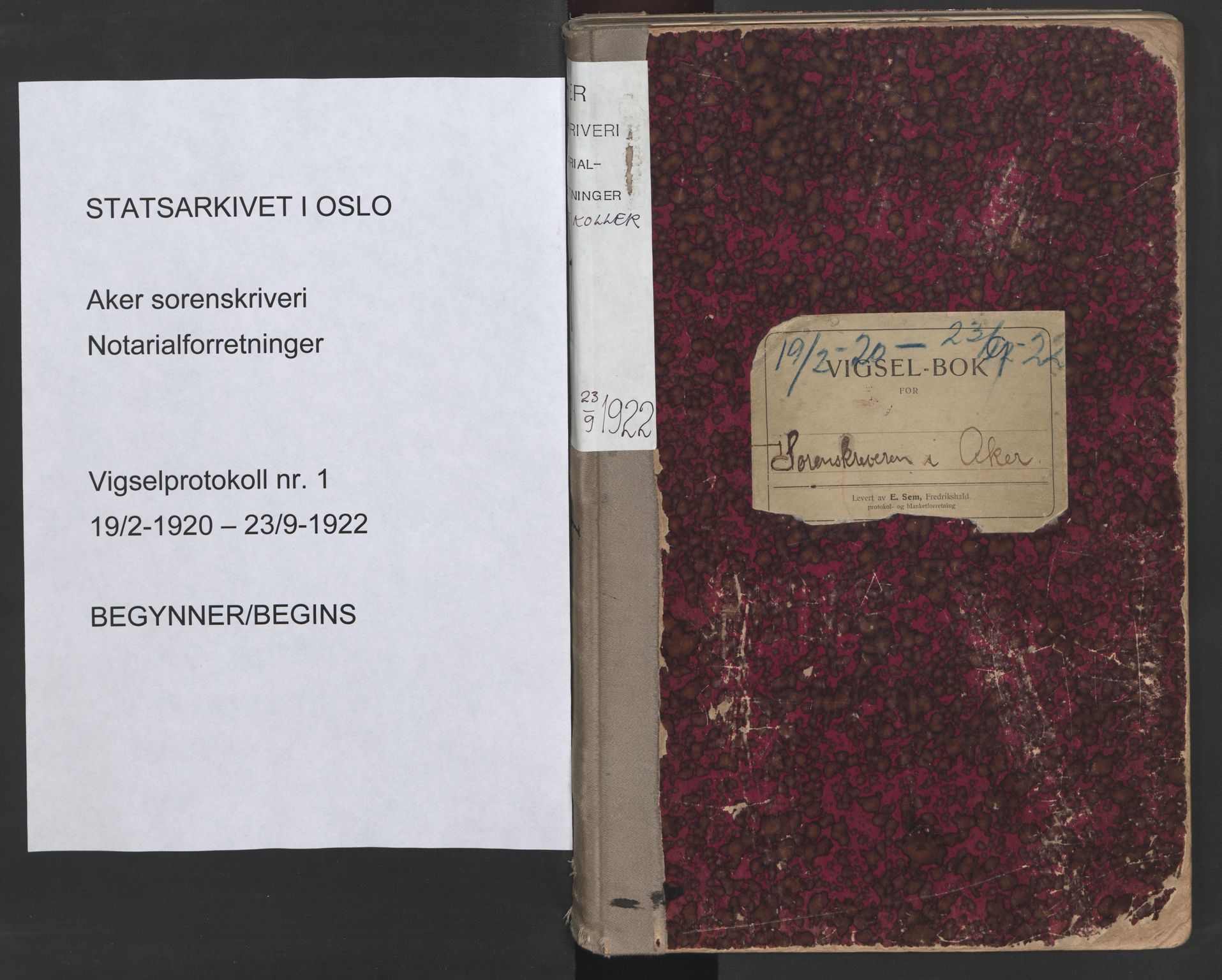 Aker sorenskriveri, SAO/A-10895/L/Lc/Lcb/L0001: Vigselprotokoll, 1920-1922