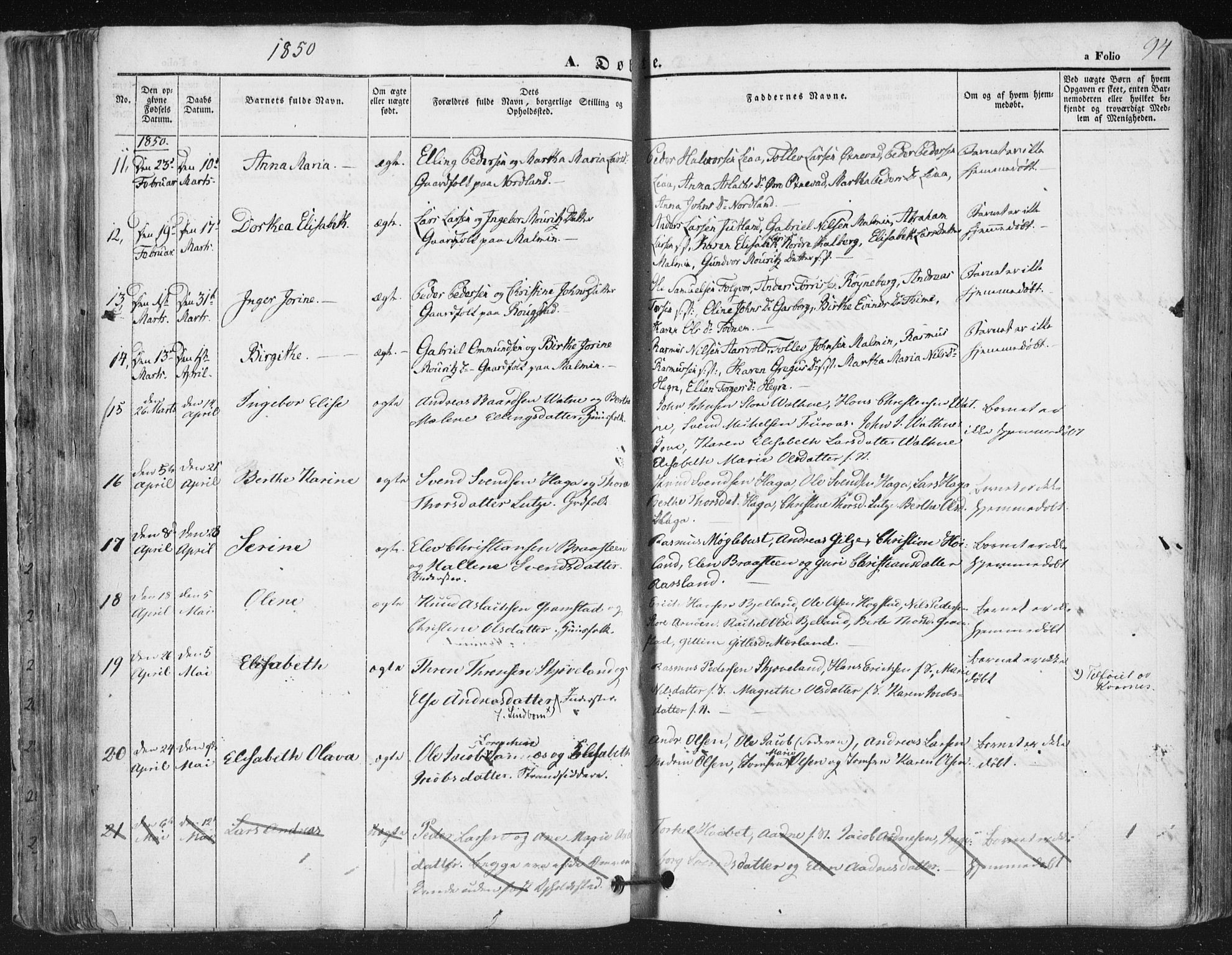 Høyland sokneprestkontor, AV/SAST-A-101799/001/30BA/L0008: Parish register (official) no. A 8, 1841-1856, p. 94