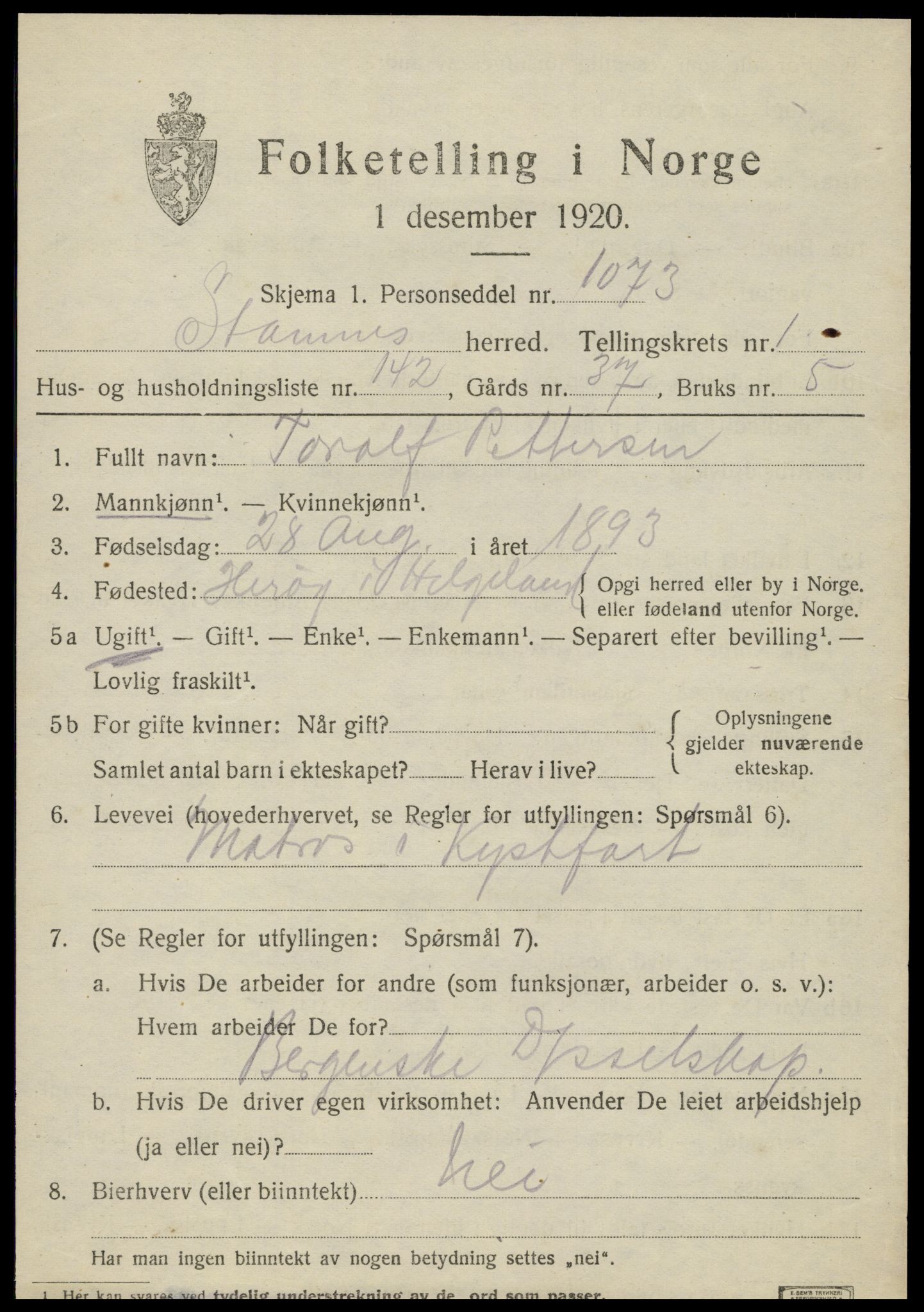 SAT, 1920 census for Stamnes, 1920, p. 2706