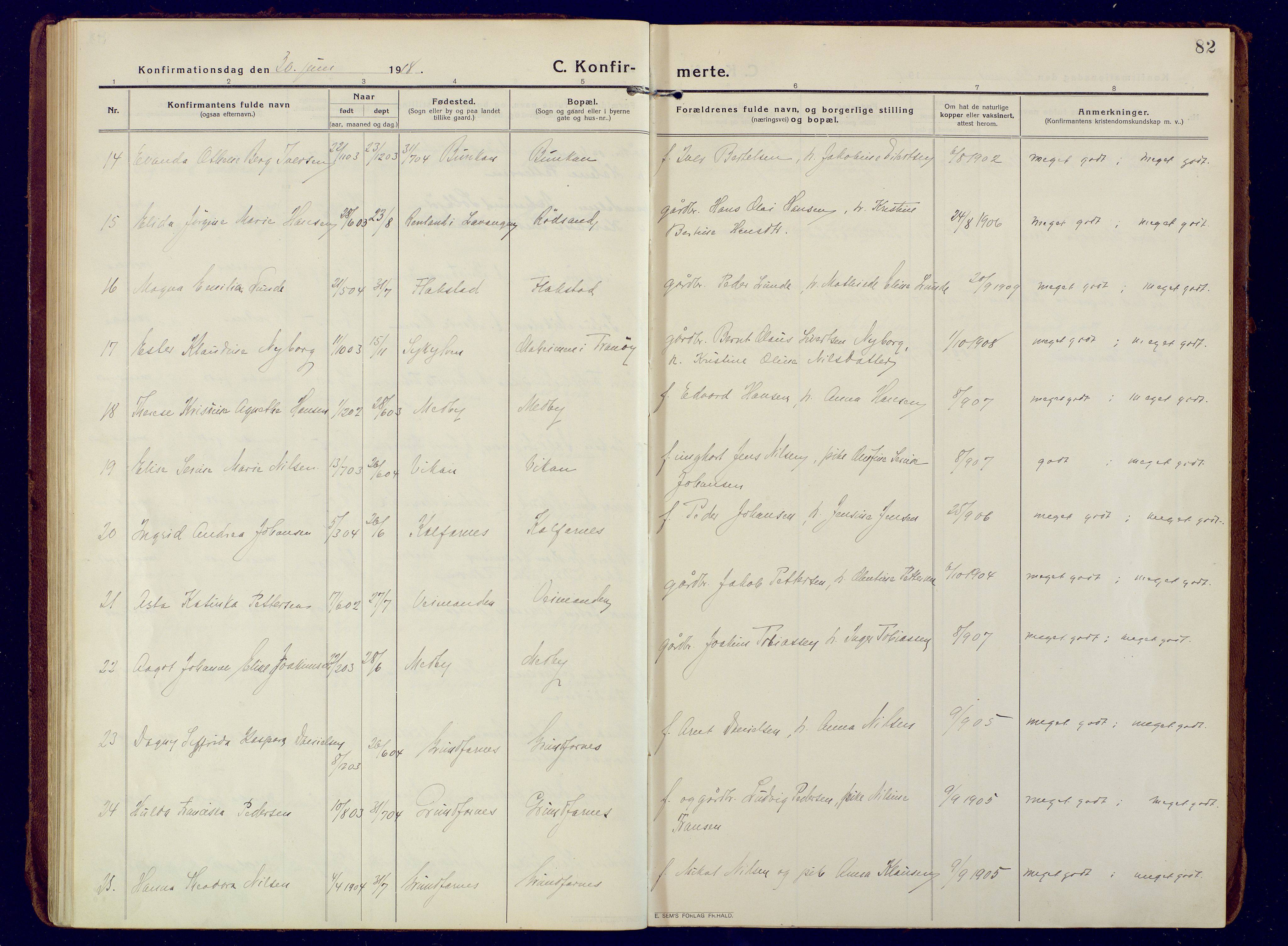 Berg sokneprestkontor, AV/SATØ-S-1318/G/Ga/Gaa/L0010kirke: Parish register (official) no. 10, 1916-1928, p. 82