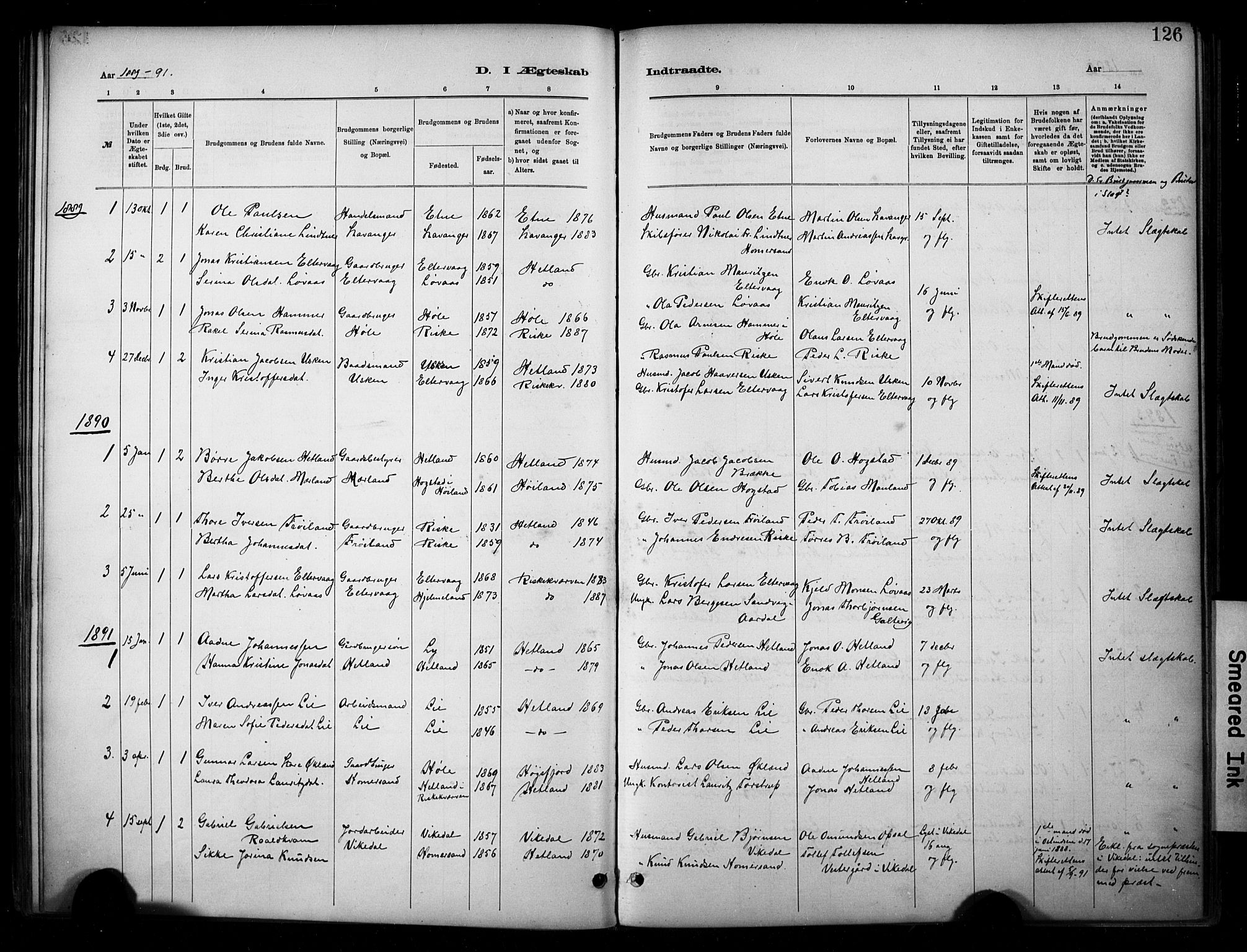 Hetland sokneprestkontor, SAST/A-101826/30/30BA/L0010: Parish register (official) no. A 10, 1882-1925, p. 126