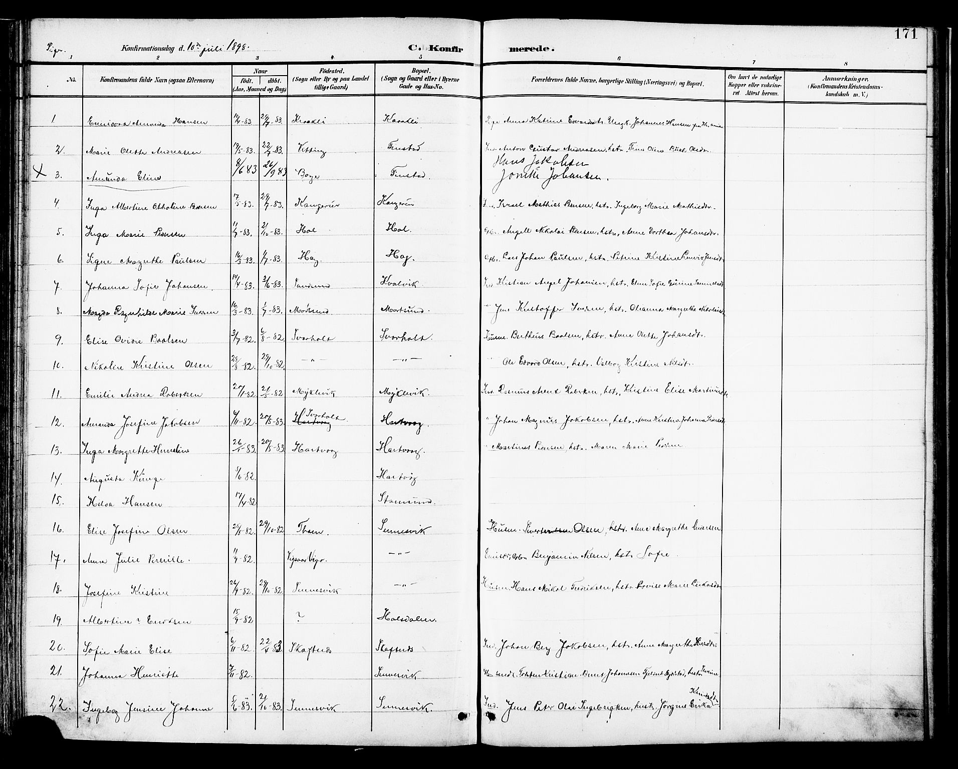Ministerialprotokoller, klokkerbøker og fødselsregistre - Nordland, AV/SAT-A-1459/882/L1179: Parish register (official) no. 882A01, 1886-1898, p. 171
